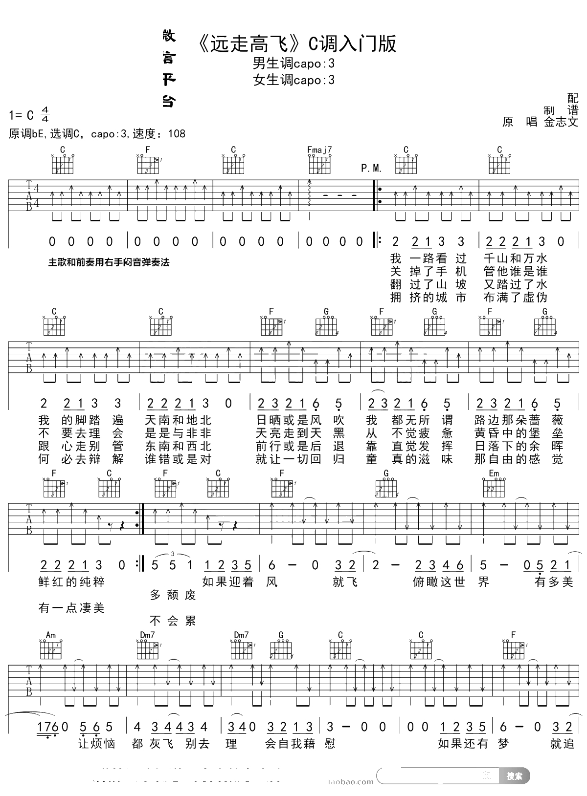 远走高飞吉他谱 金志文 C调入门版 1