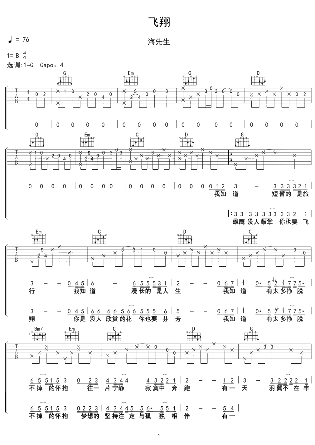 飞翔吉他谱 海先生 G调弹唱谱1
