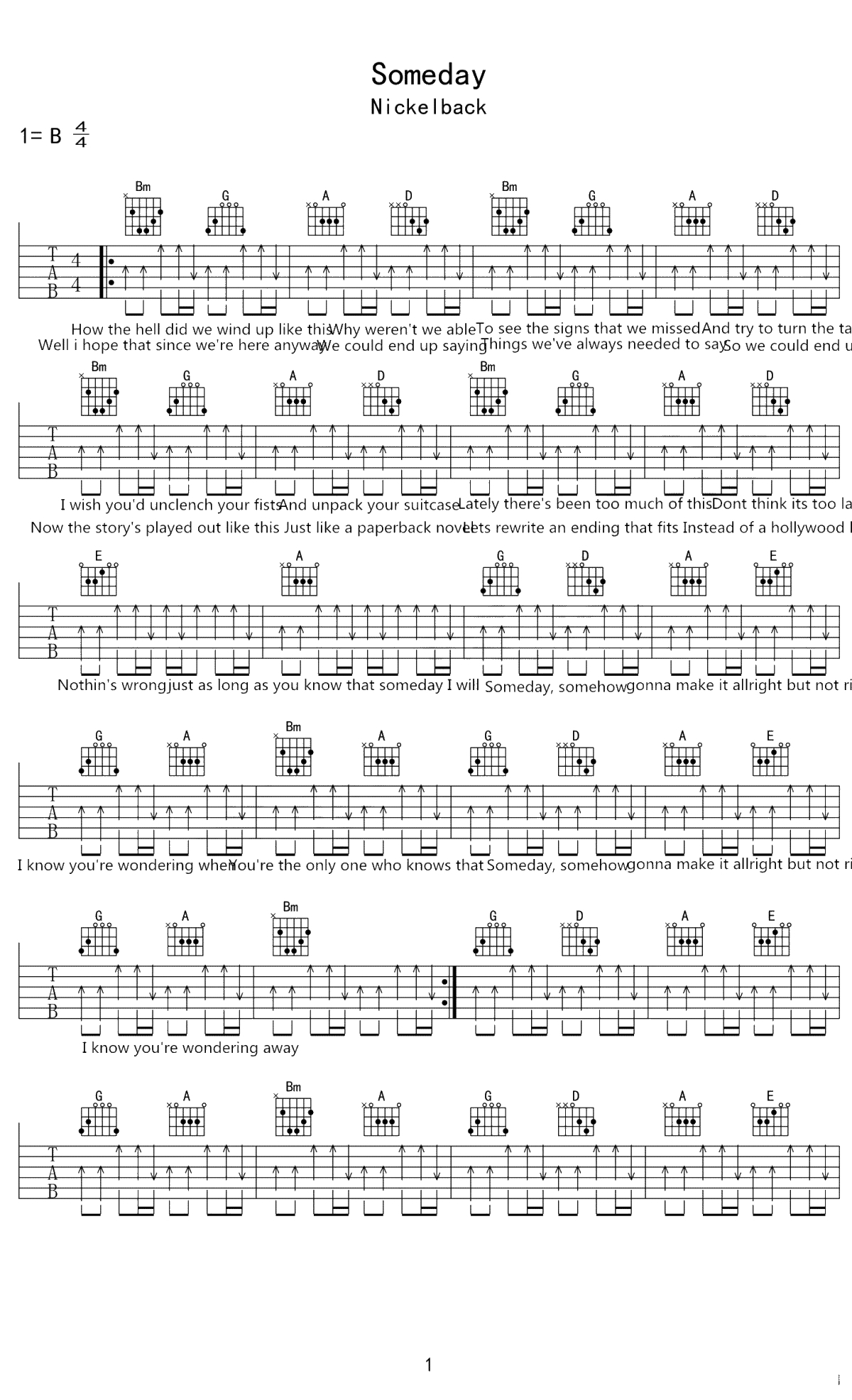 Someday吉他谱 Nickelback B调弹唱六线谱1