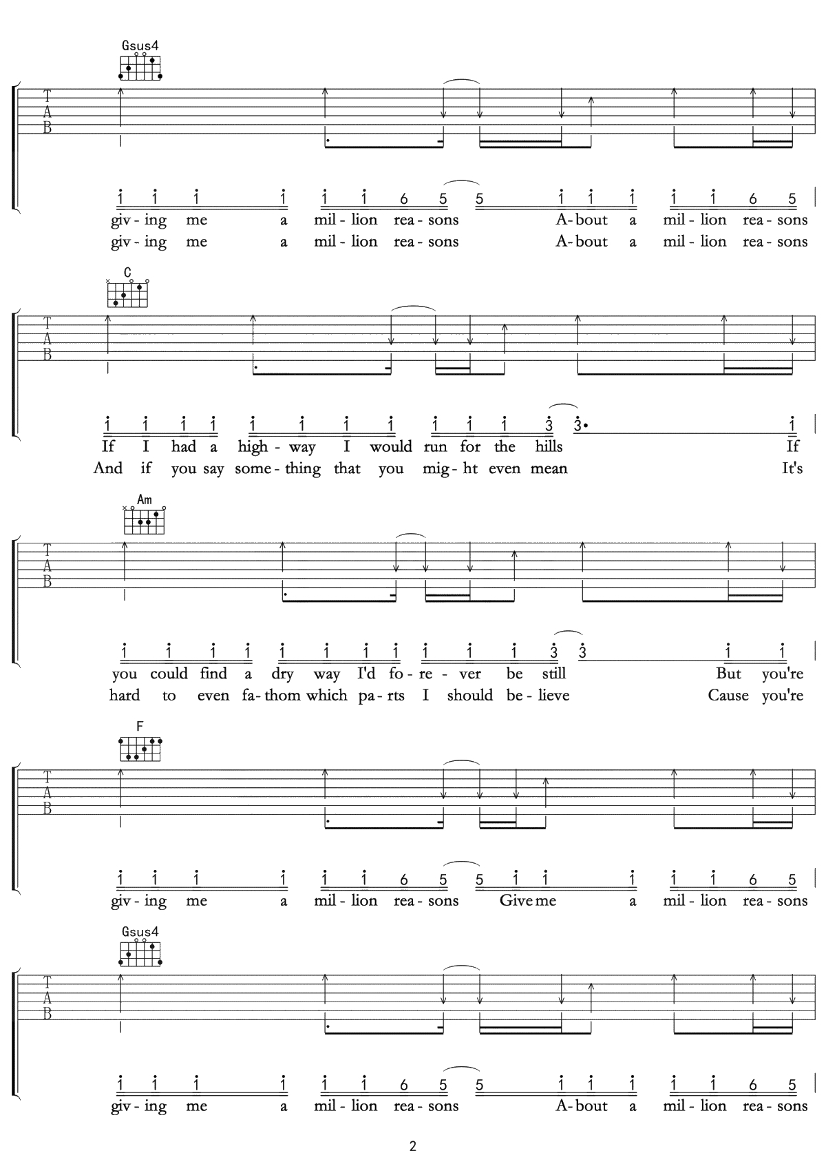 Million Reasons吉他谱 lady Gaga C调简单版【音频】2