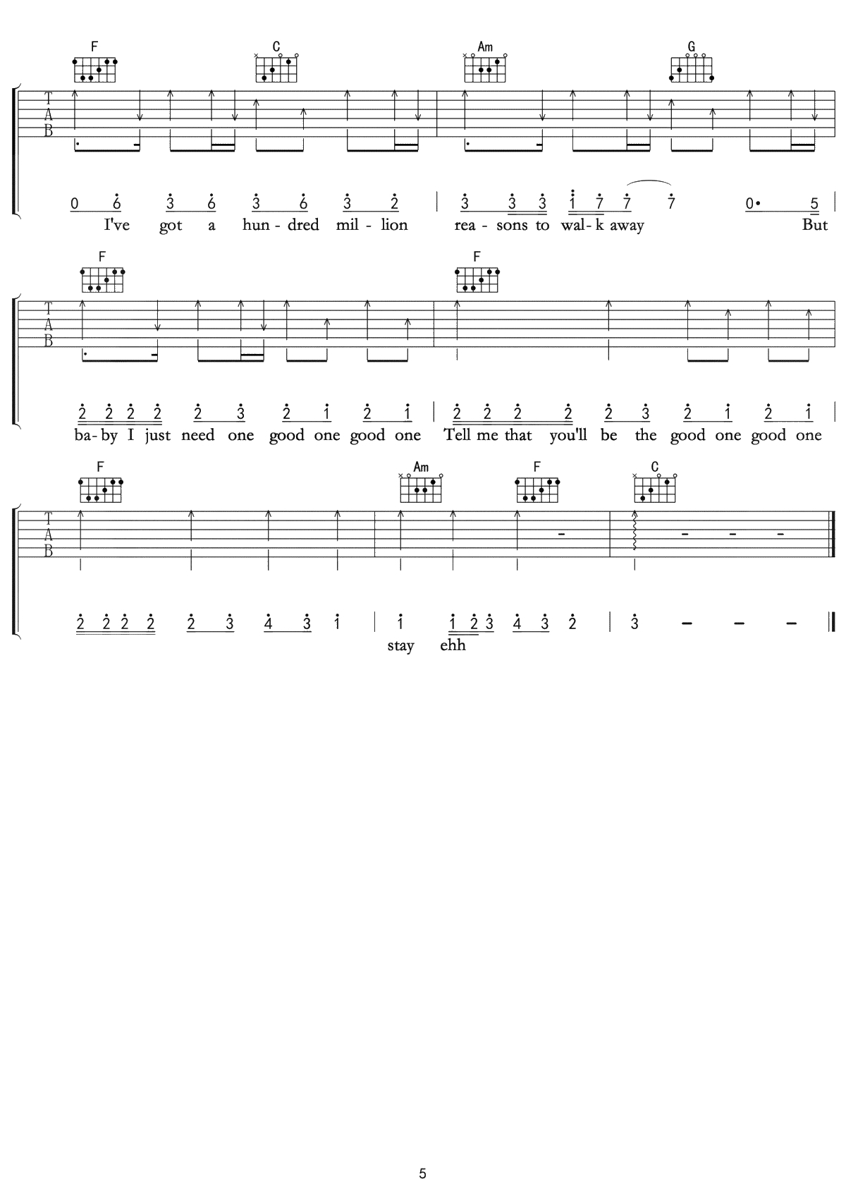 Million Reasons吉他谱 lady Gaga C调简单版【音频】5