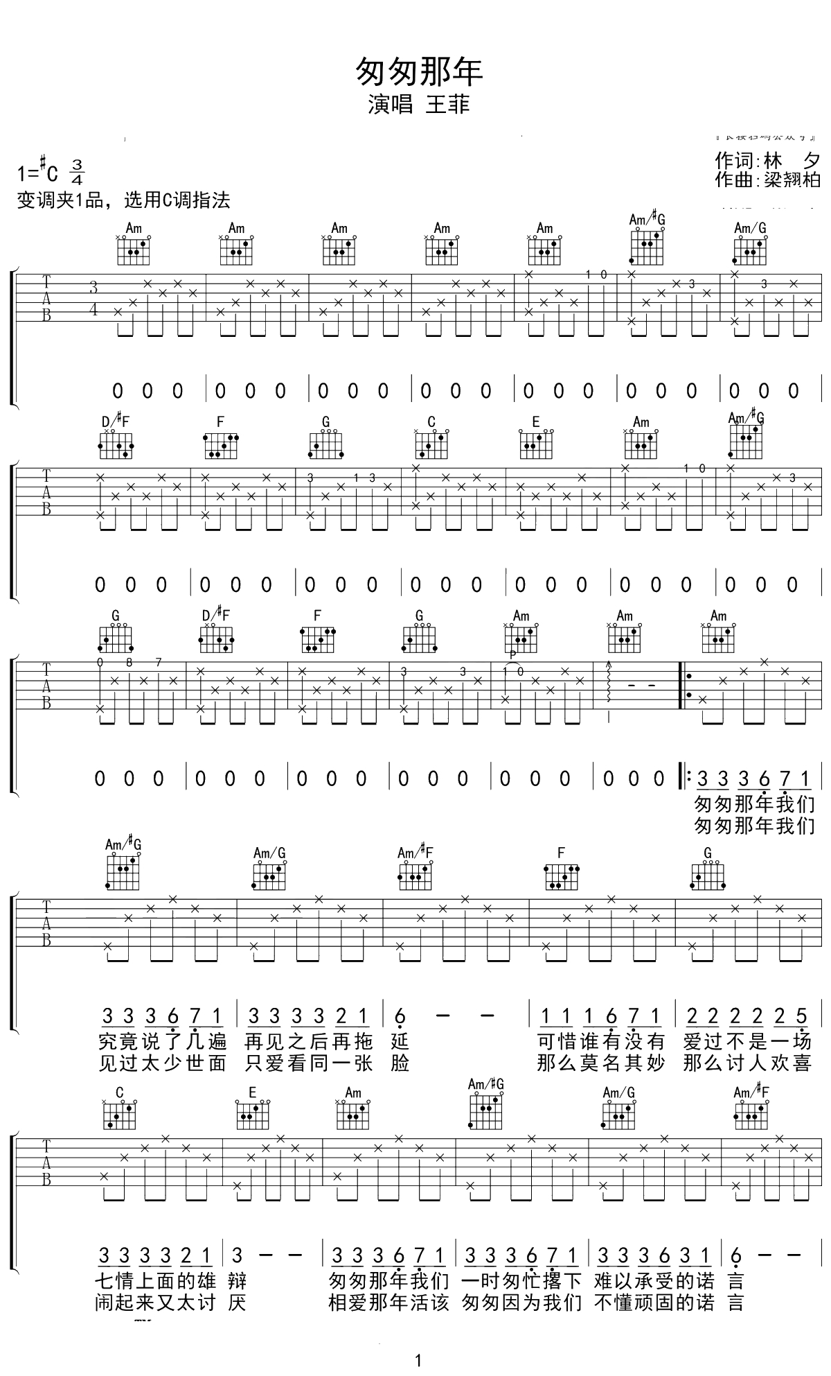 匆匆那年吉他谱 王菲 C调指法 1