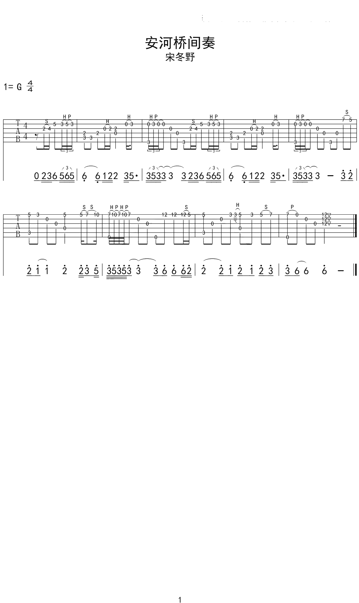 宋冬野《安河桥》间奏指弹吉他谱1