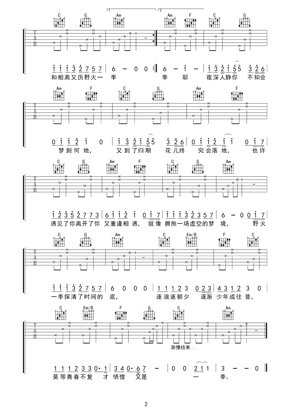 张良成《野火一季》吉他谱-C调1