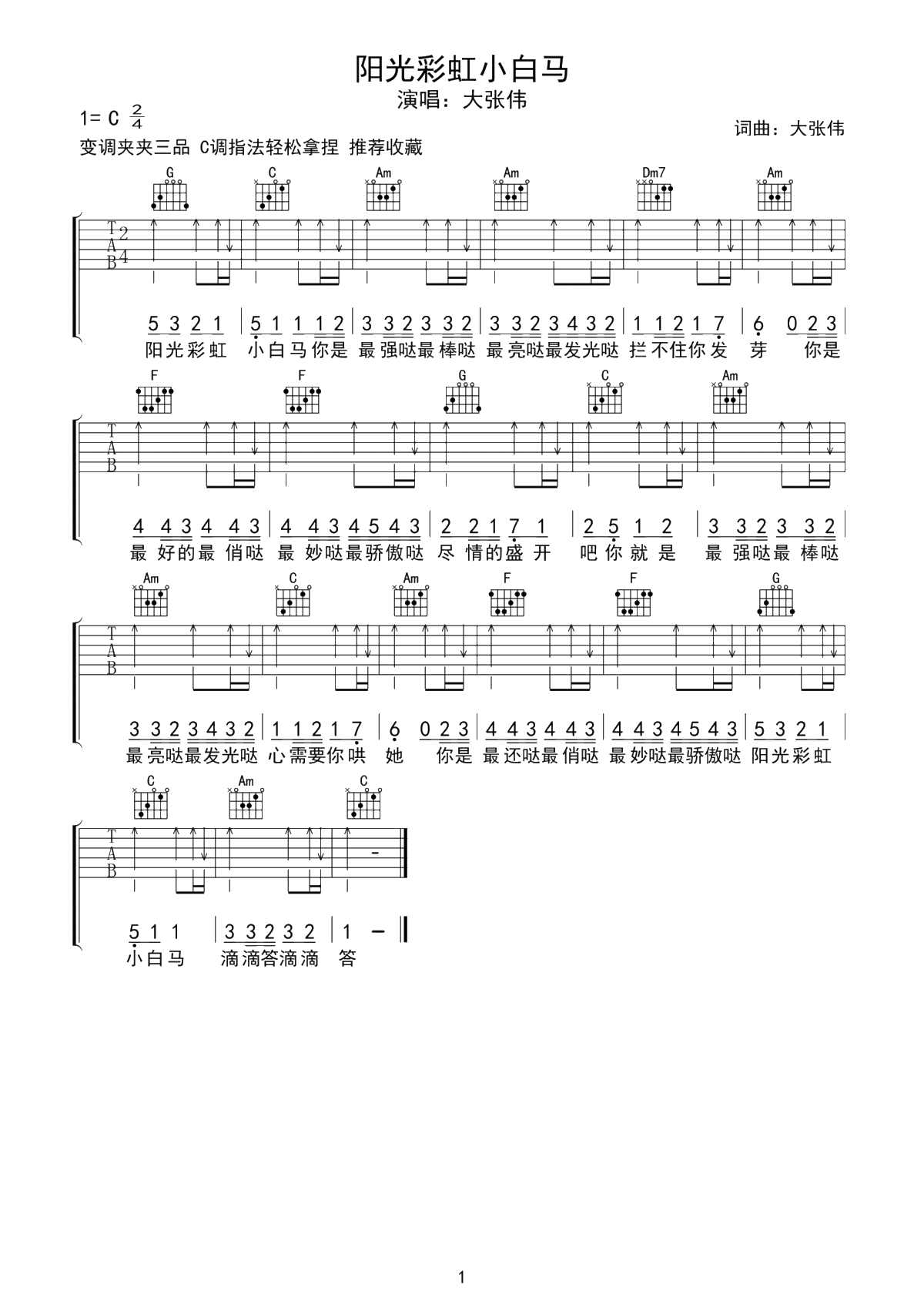大张伟《阳光彩虹小白马》吉他谱 -C调1