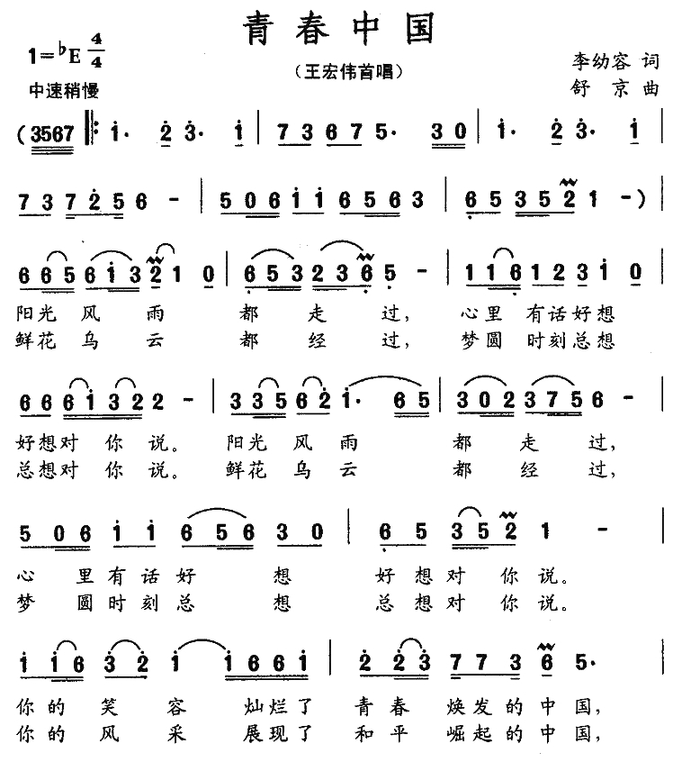 青春中国简谱-王宏伟演唱1