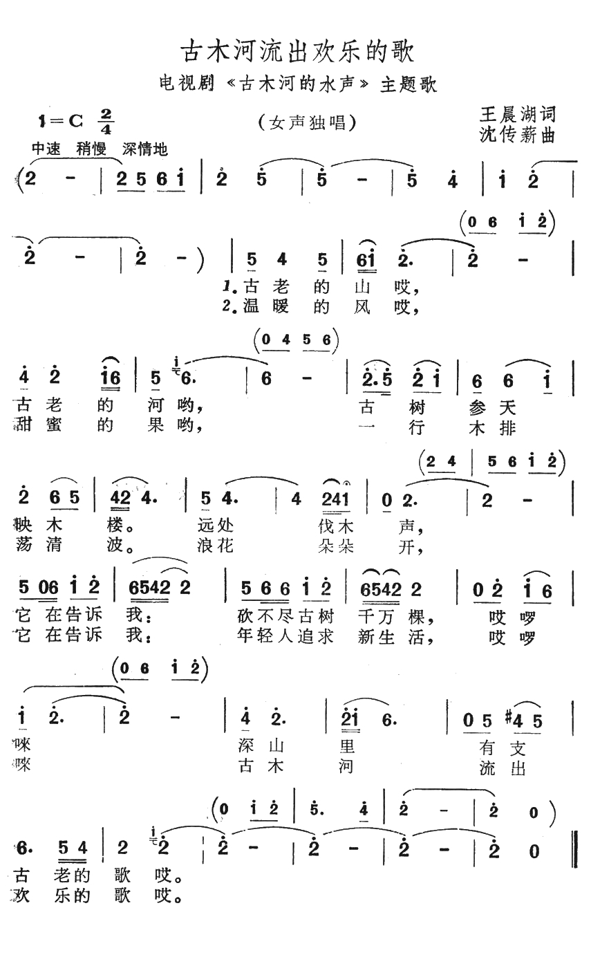 古木河流出欢乐的歌简谱-电视剧《古木河的水声》主题歌1
