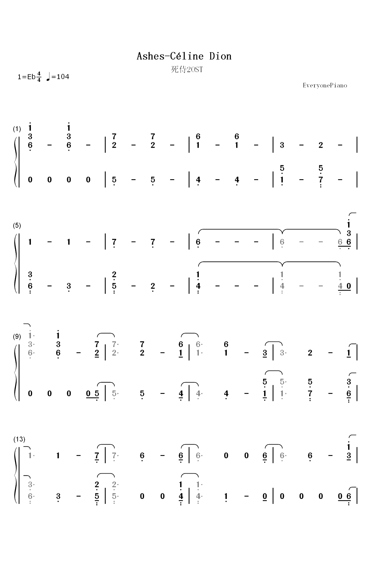 Ashes-死侍2OST双手简谱预览1