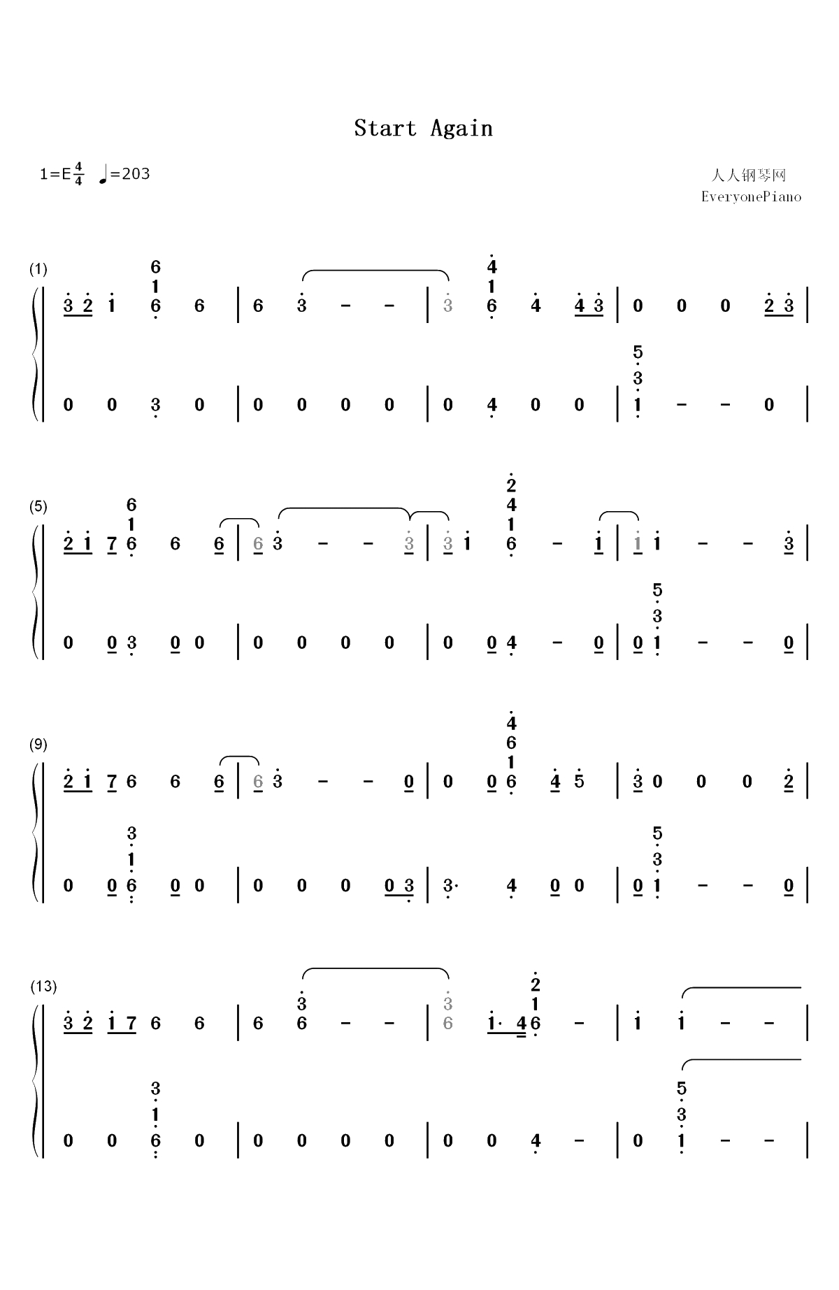 Start Again-十三个原因第二季插曲双手简谱预览1