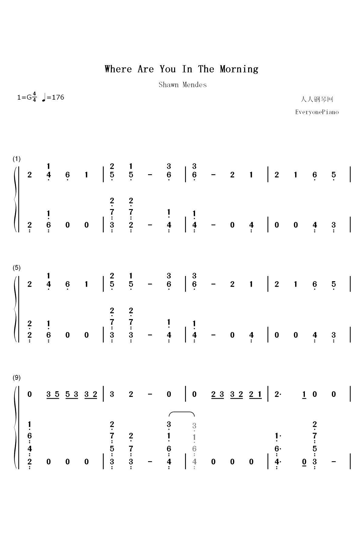Where Were You in the Morning-Shawn Mendes双手简谱预览1