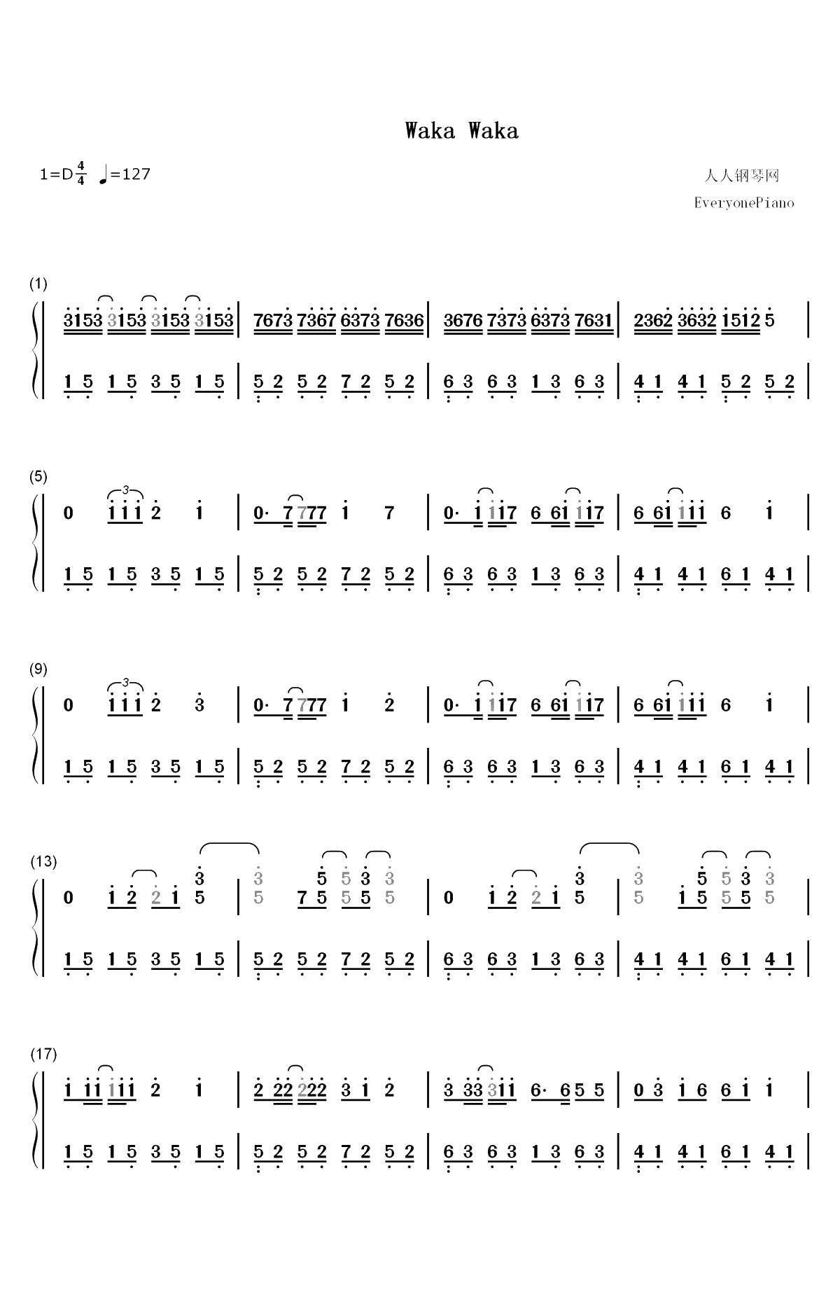 Waka Waka-Shakira双手简谱预览1