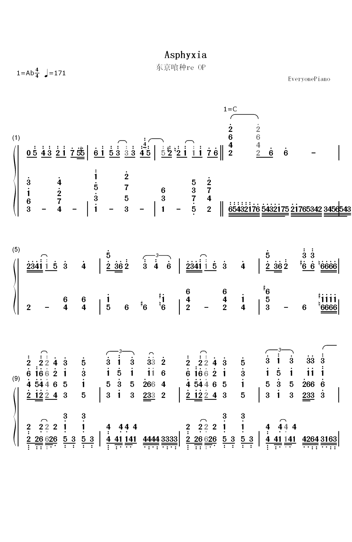 Asphyxia-东京喰种re OP双手简谱预览1