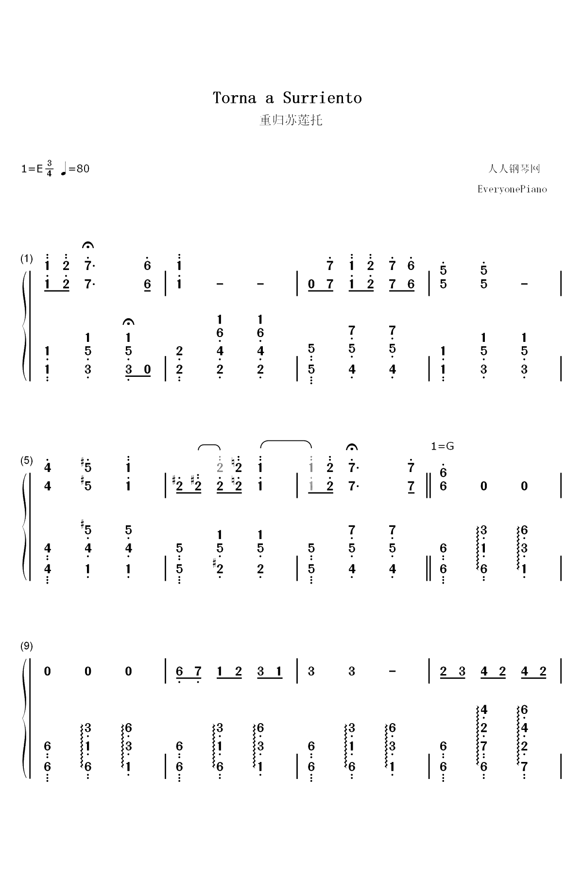 重归苏莲托-世界名曲一百首双手简谱预览1