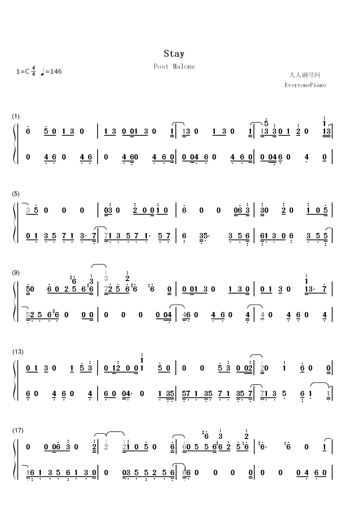 Stay-Post Malone双手简谱预览1