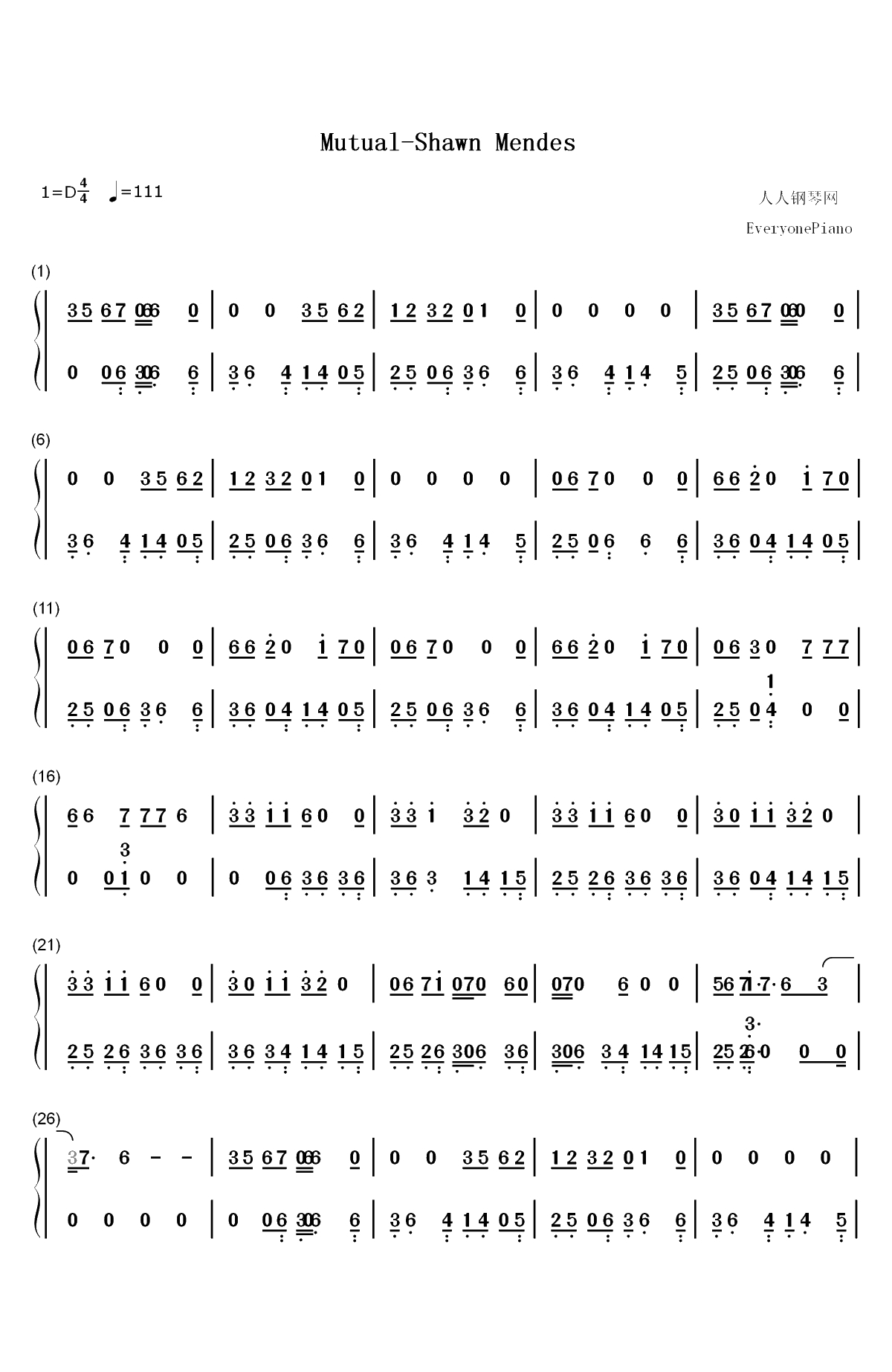Mutual-Shawn Mendes双手简谱预览1
