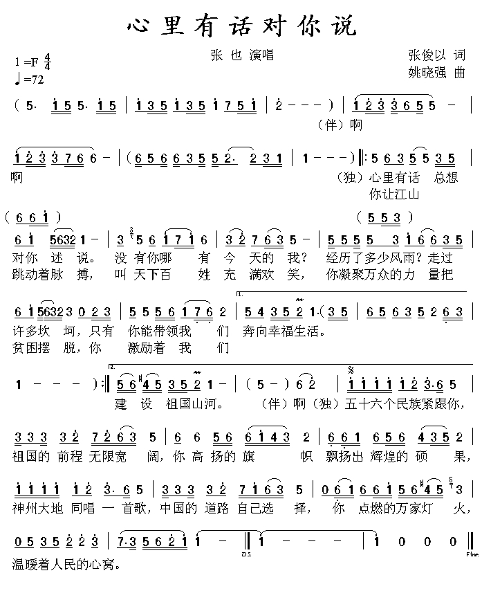 心里有话对你说简谱-张也演唱1