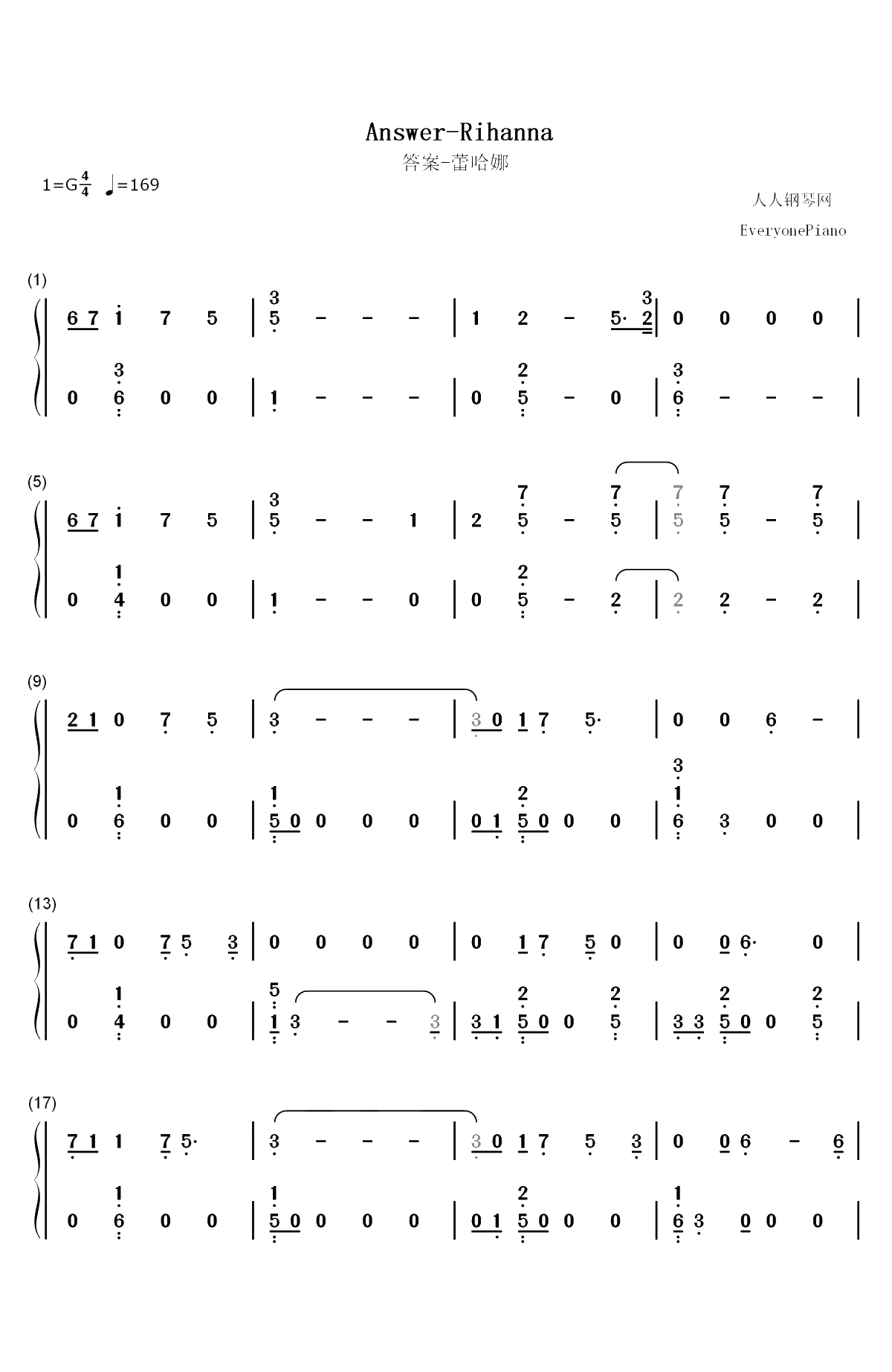 Answer-Rihanna双手简谱预览1