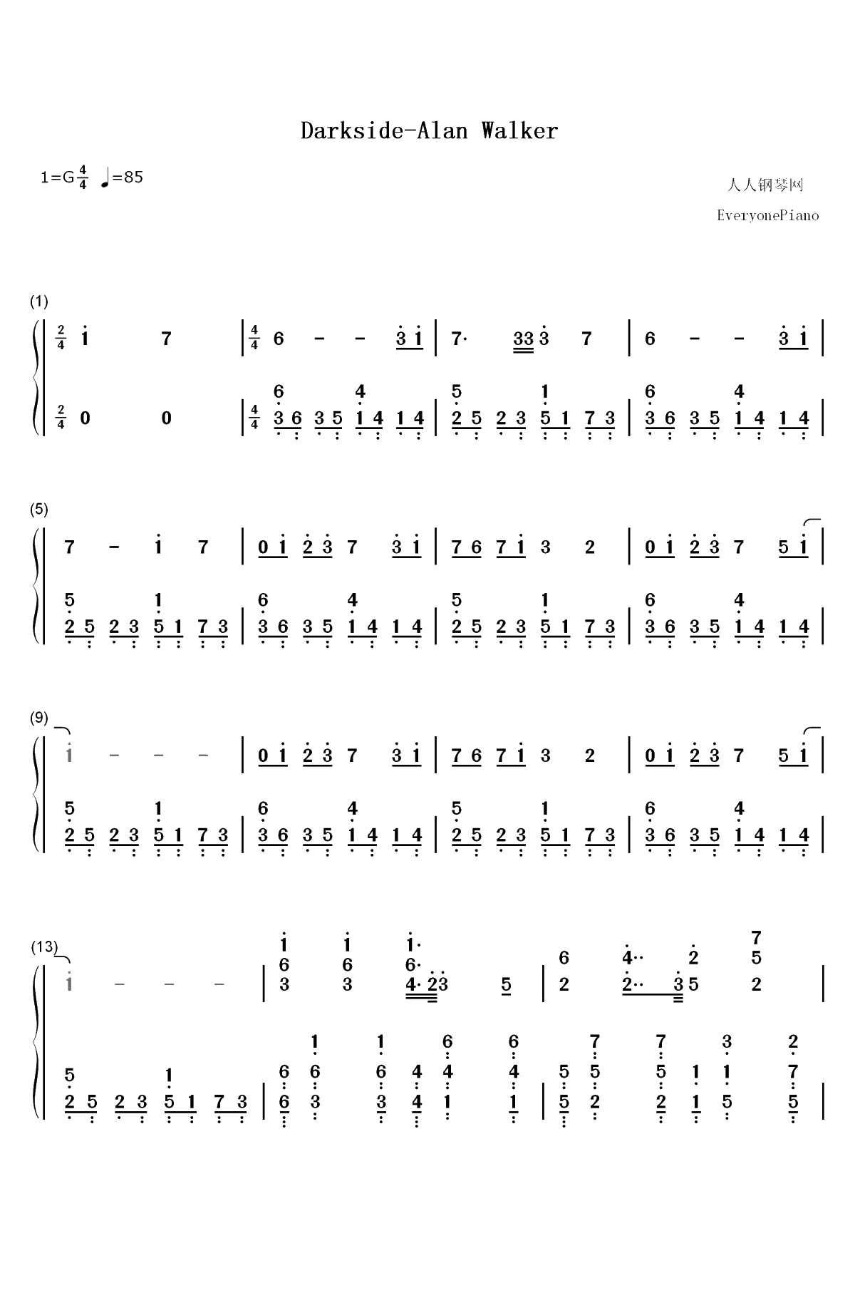 Darkside-Alan Walker双手简谱预览1