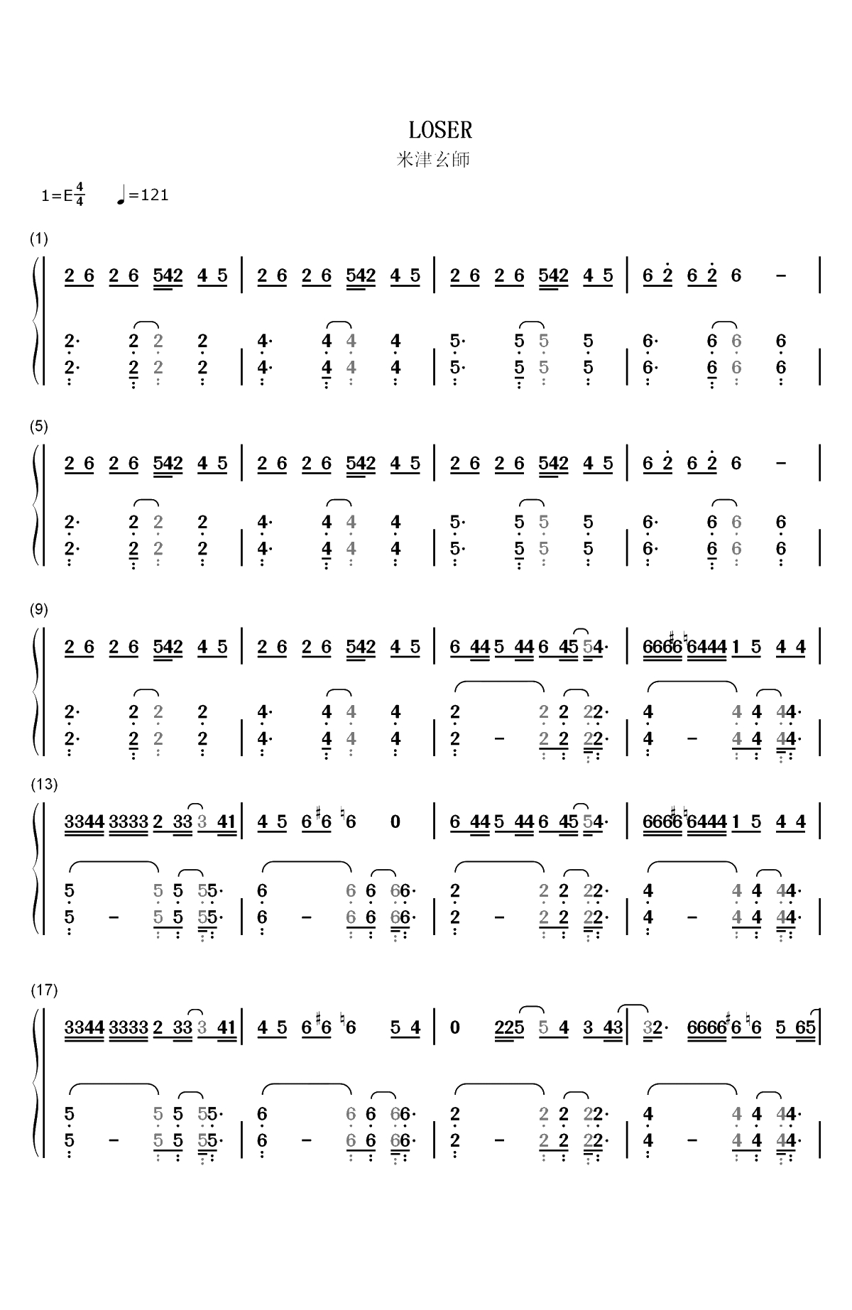 LOSER-米津玄师双手简谱预览1