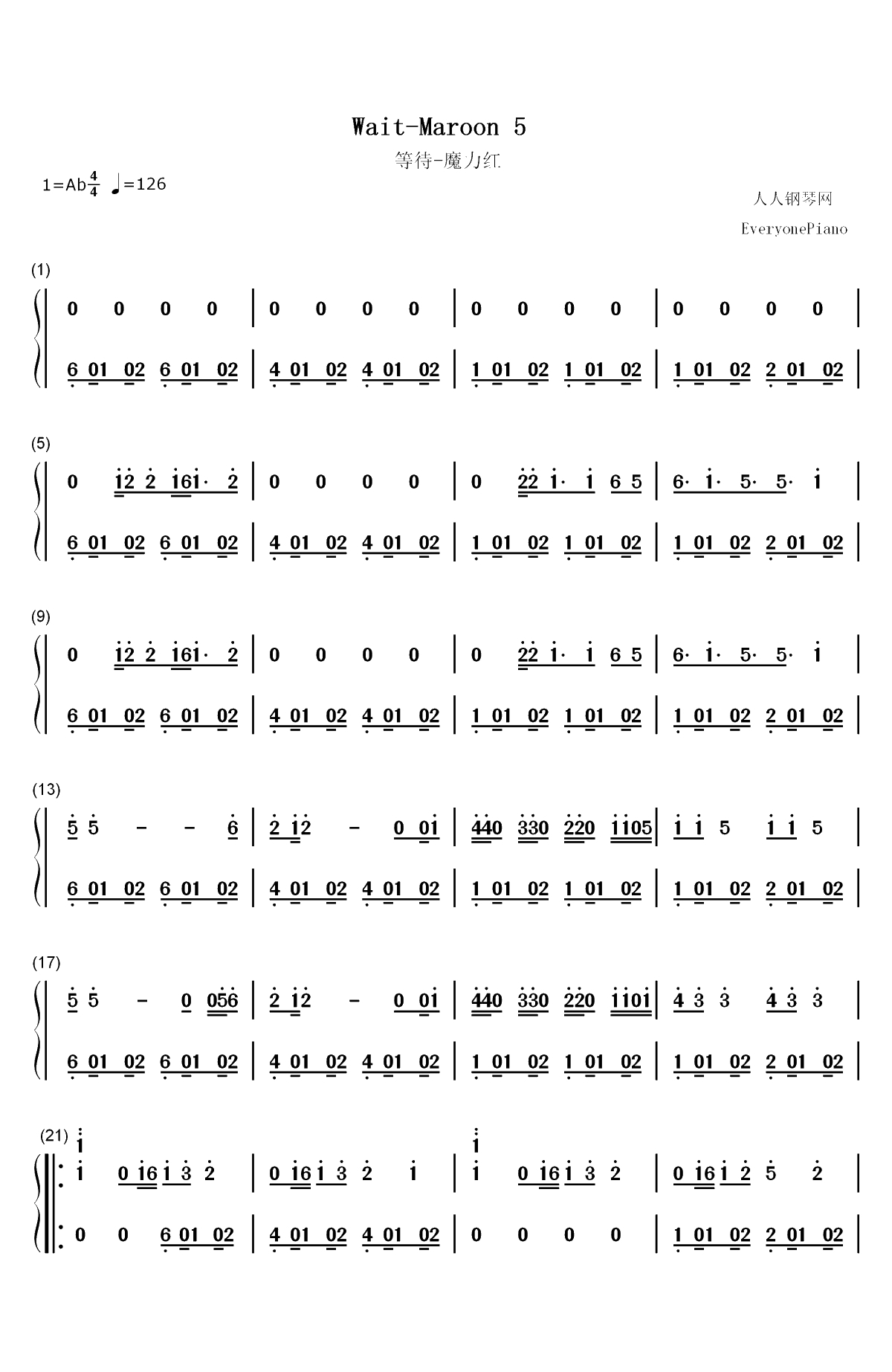 Wait-Maroon 5双手简谱预览1