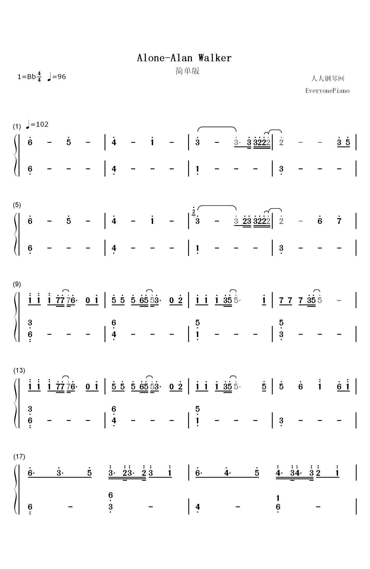 Alone简单版-Alan Walker双手简谱预览1