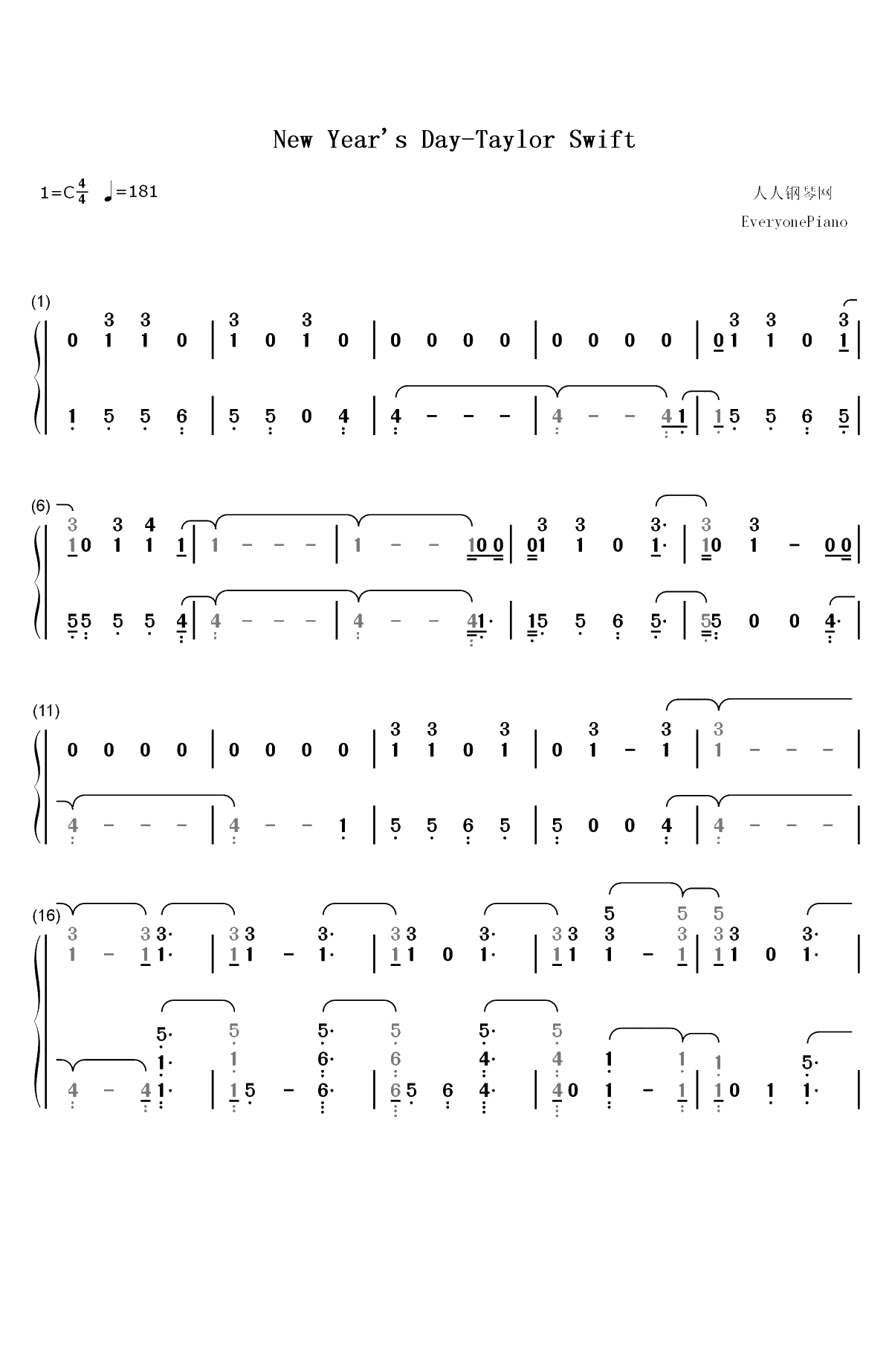 New Year's Day-Taylor Swift双手简谱预览1