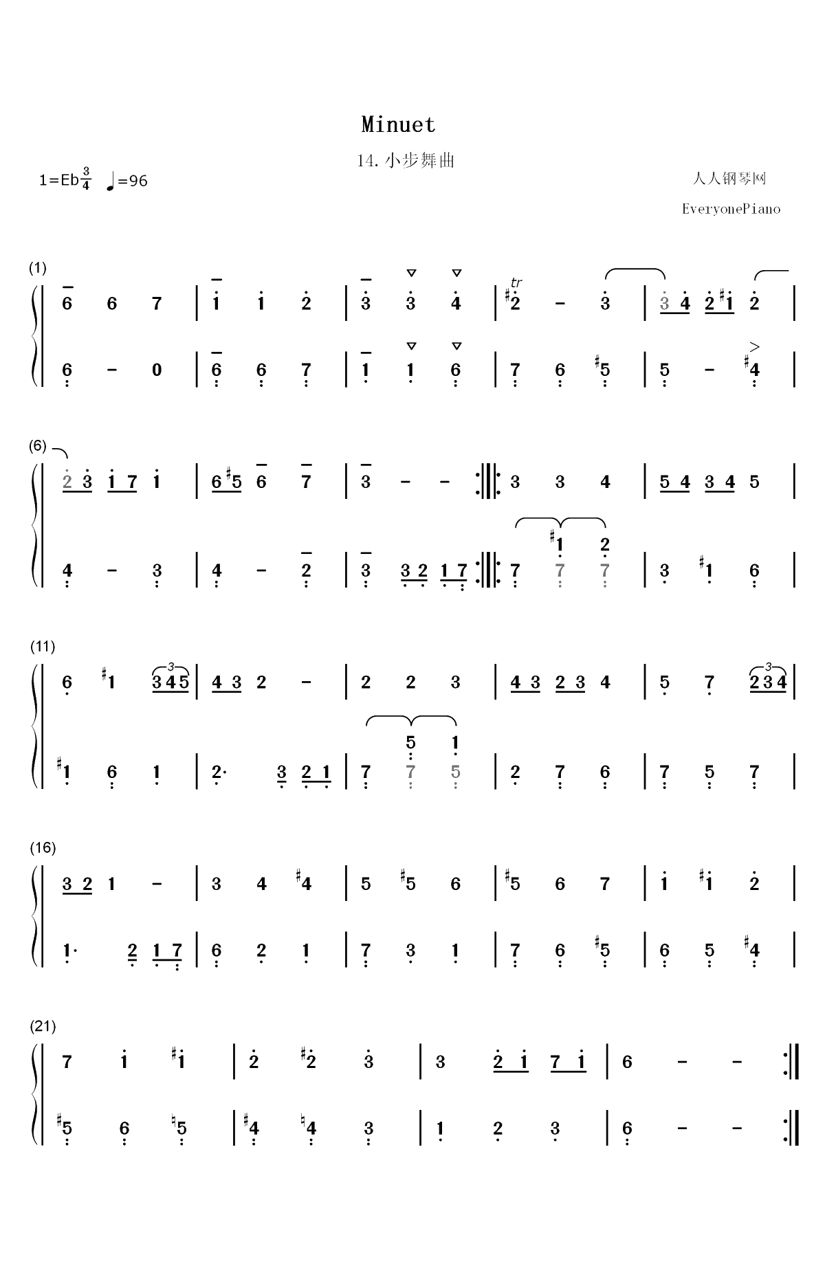 小步舞曲 14-巴赫初级钢琴曲集双手简谱预览1