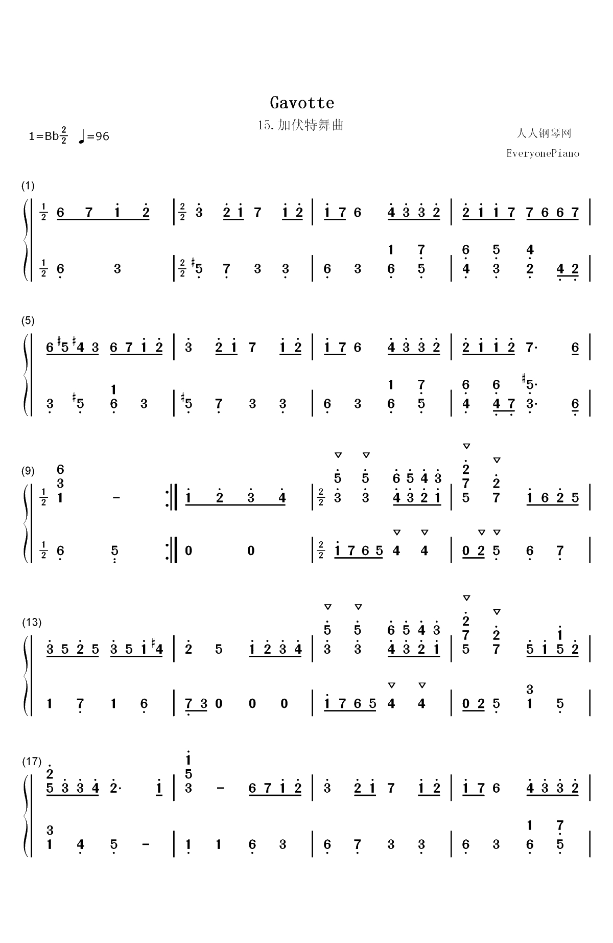 加伏特舞曲 15-巴赫初级钢琴曲集双手简谱预览1