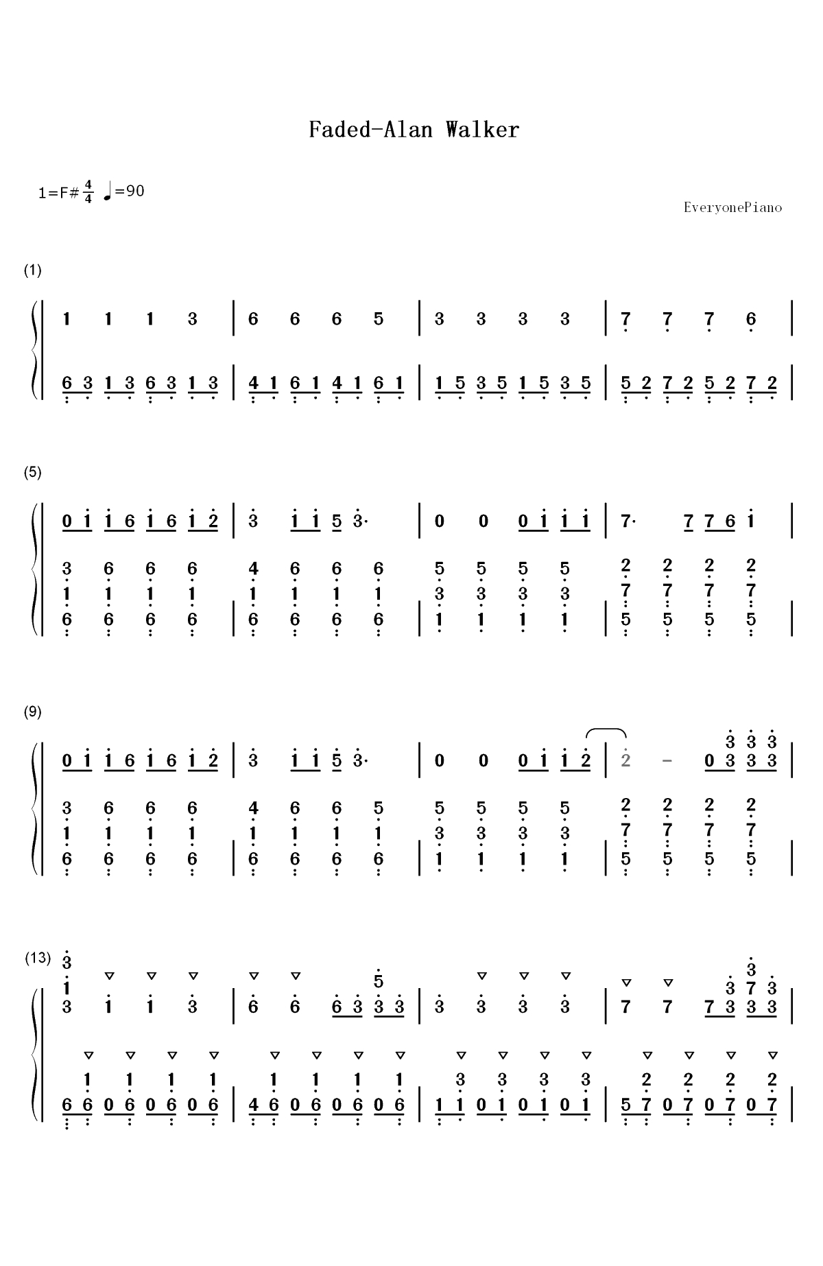 Faded-Alan Walker双手简谱预览1