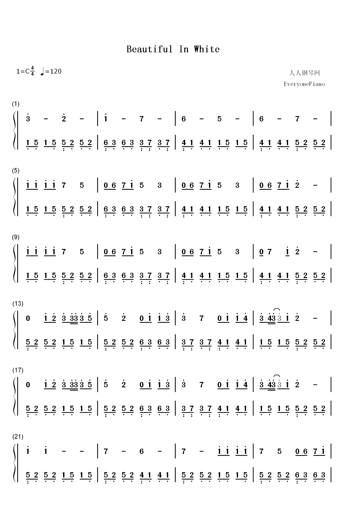 Beautiful in White-西域男孩双手简谱预览1