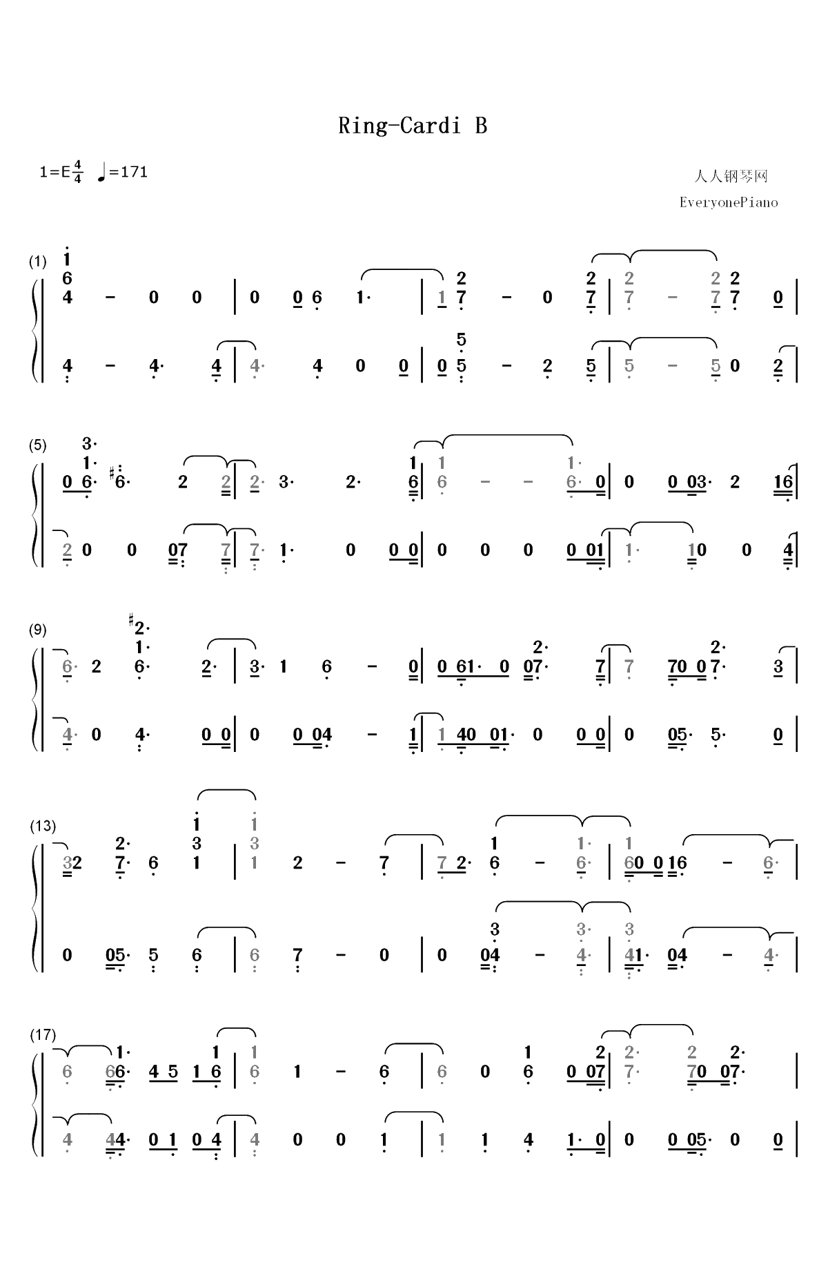 Ring-Cardi B双手简谱预览1