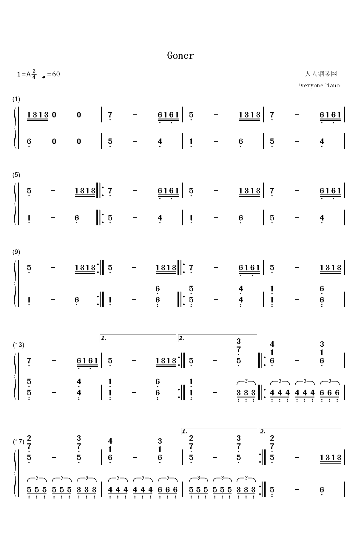 Goner-Twenty One Pilots双手简谱预览1