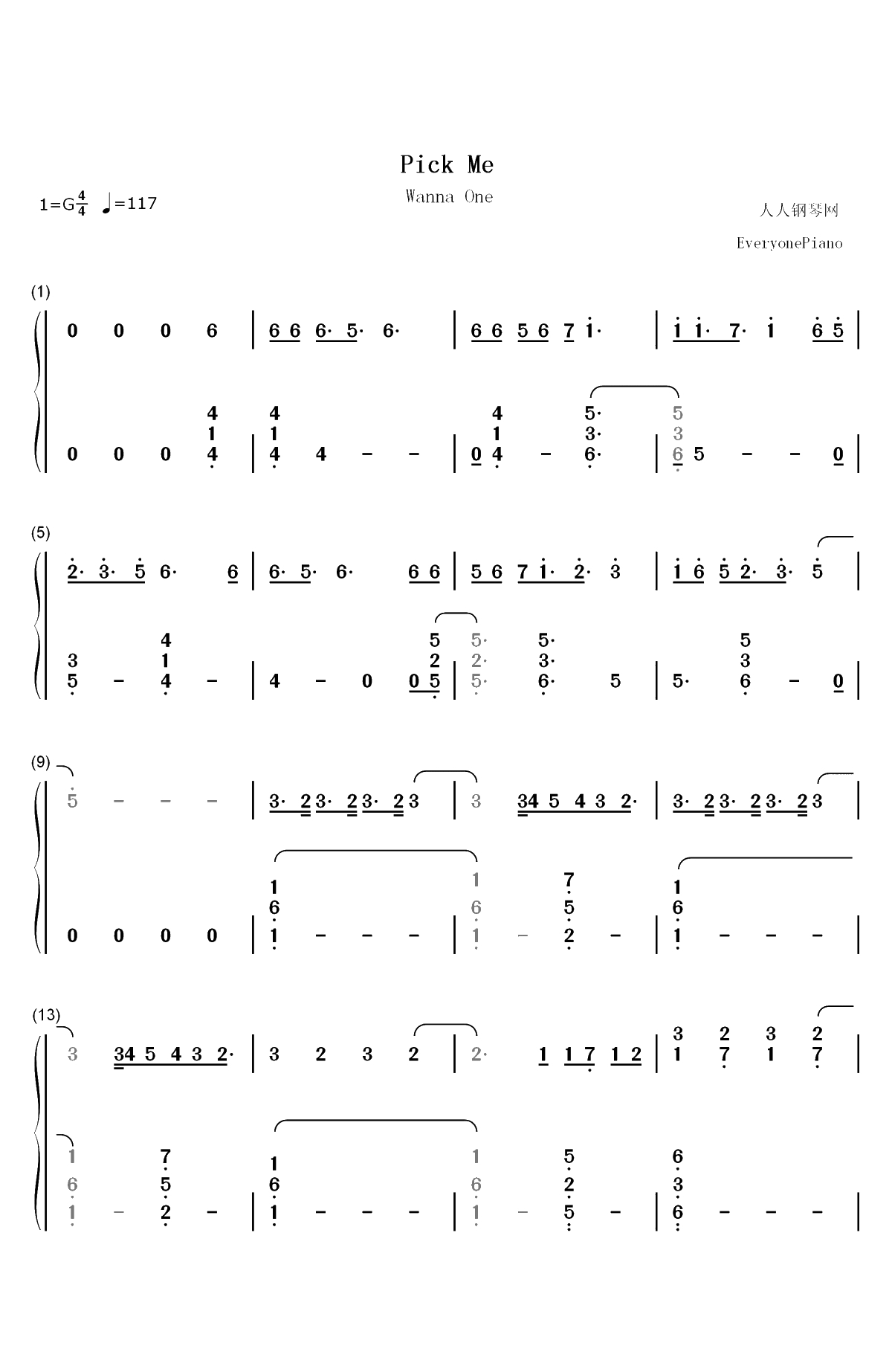 Pick Me-Wanna One双手简谱预览1