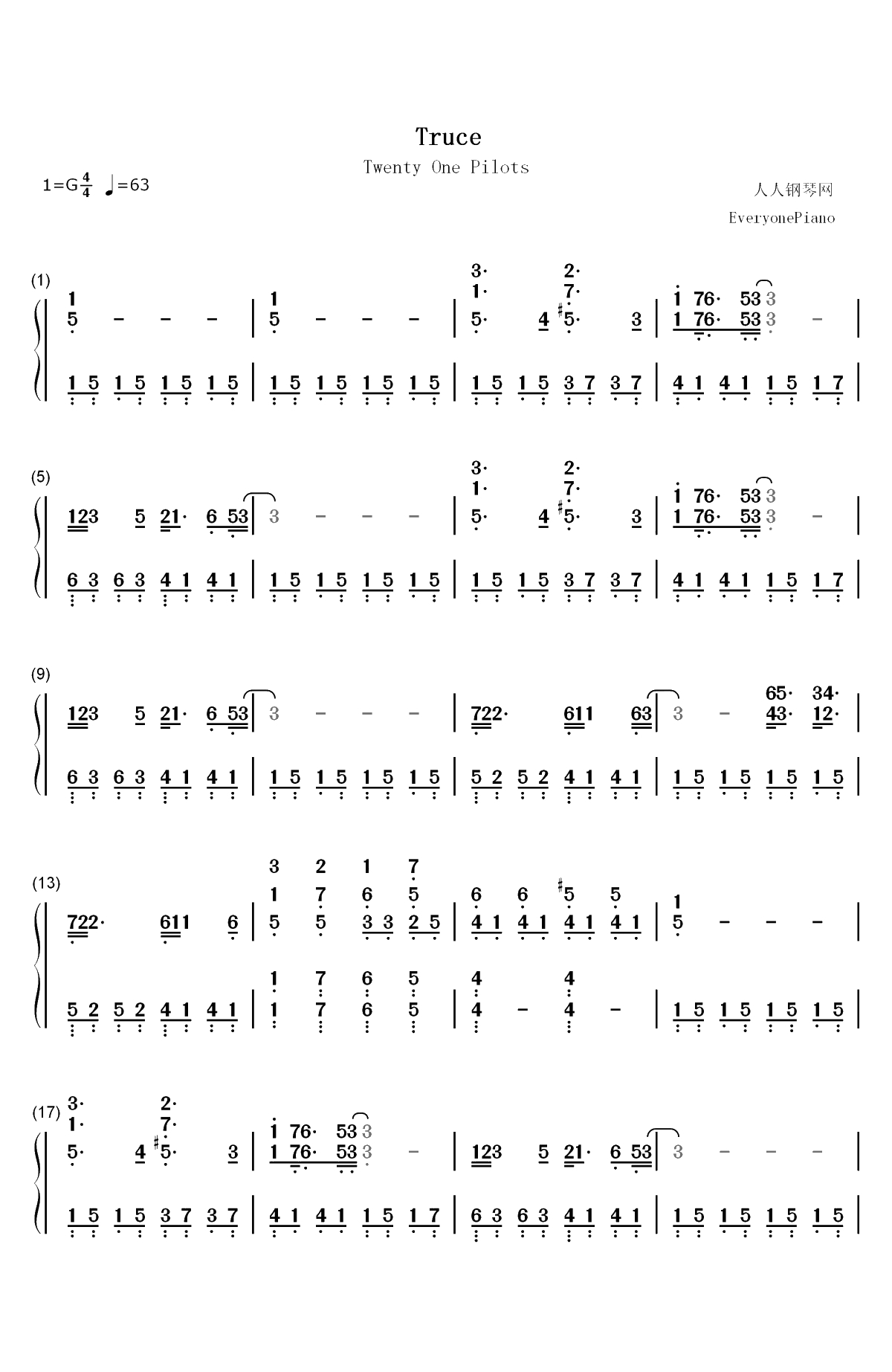 Truce-Twenty One Pilots双手简谱预览1