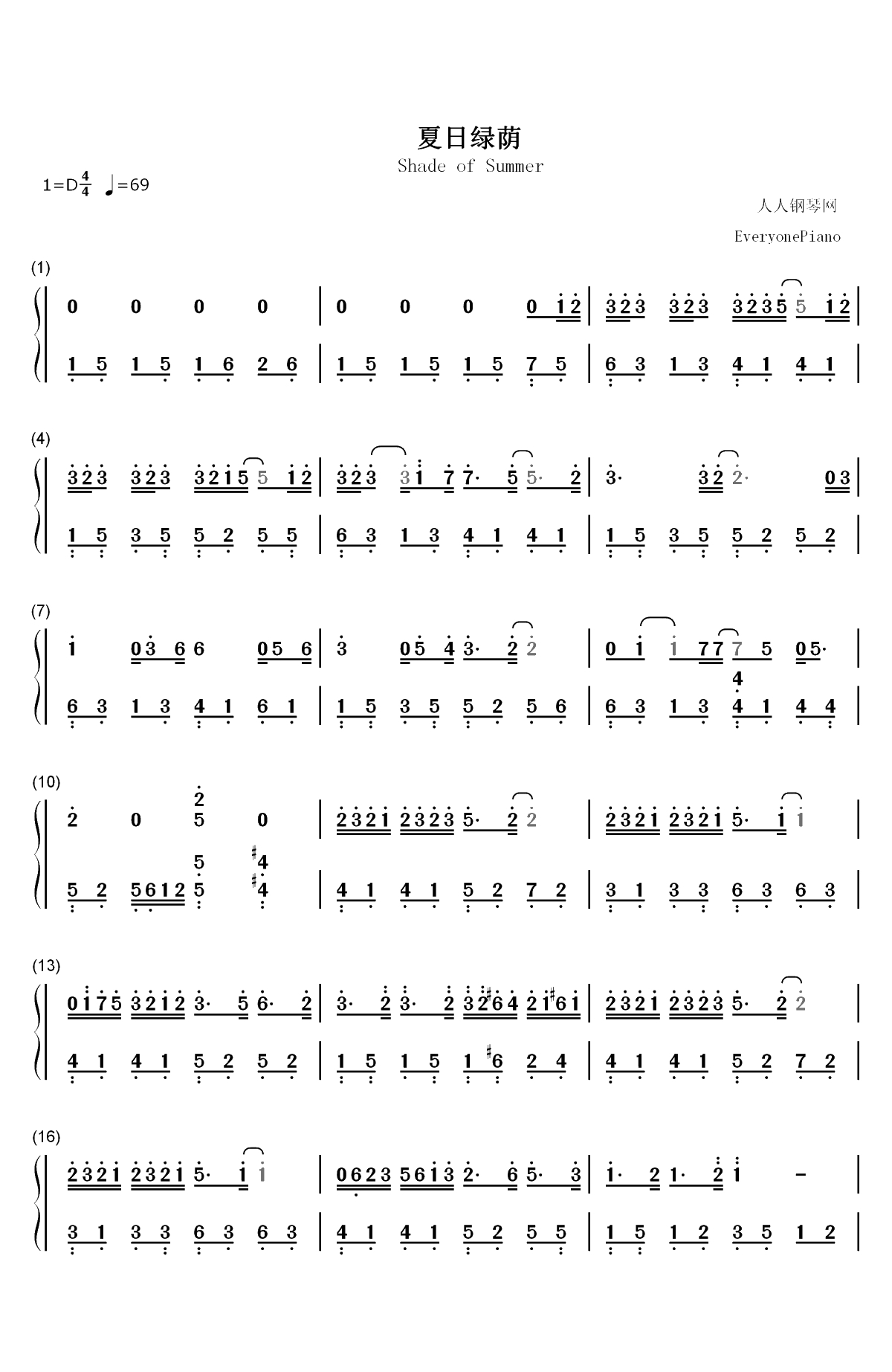 夏日绿荫-Pianoboy双手简谱预览1