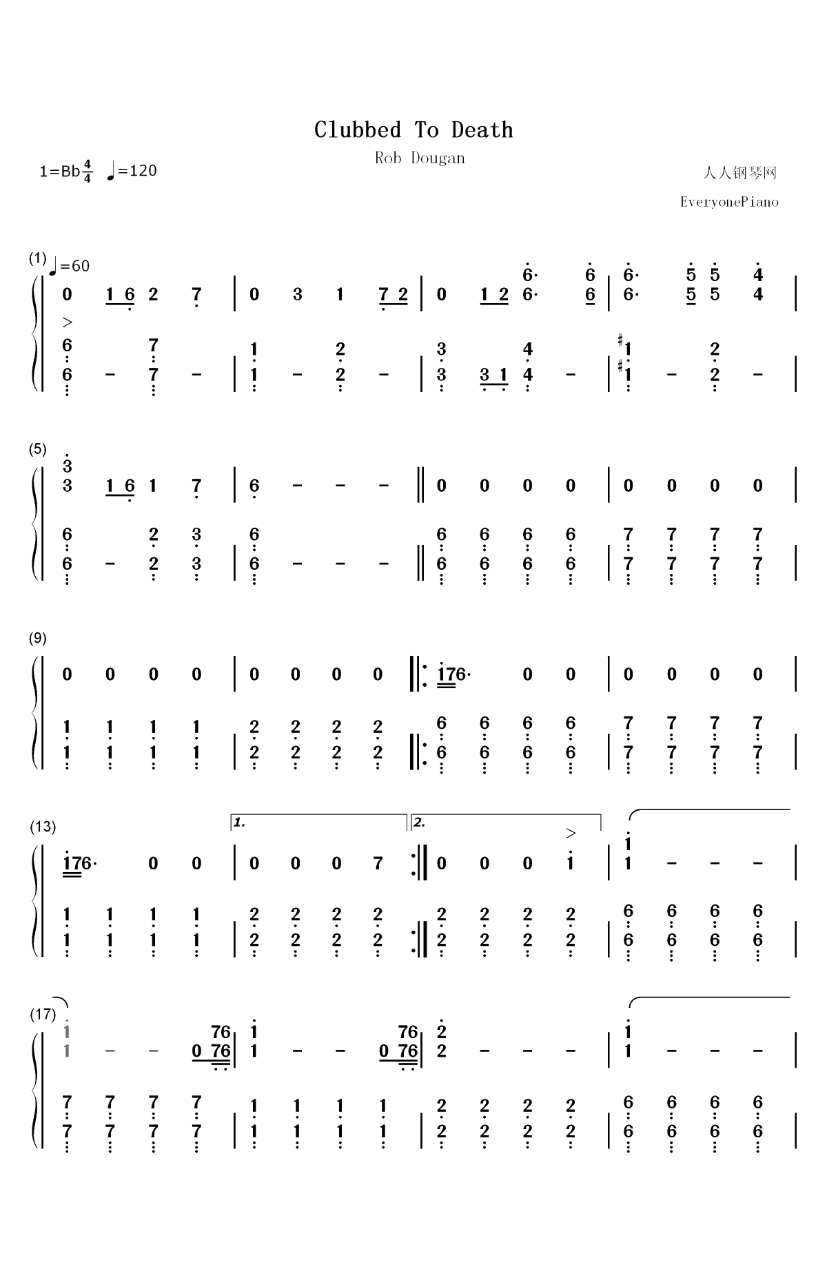 Clubbed to Death-黑客帝国OST双手简谱预览1
