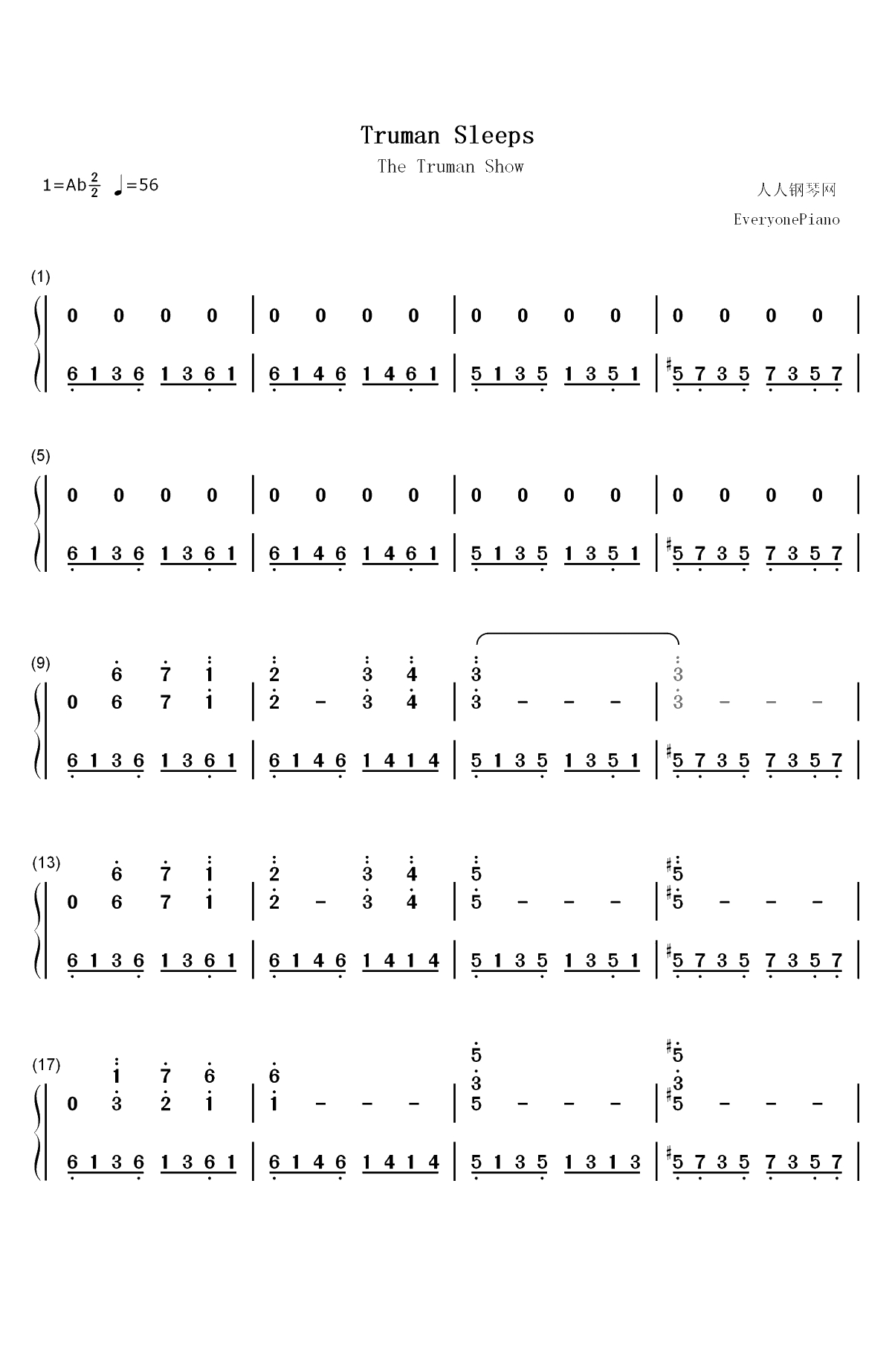 Truman Sleeps-楚门的世界OST双手简谱预览1