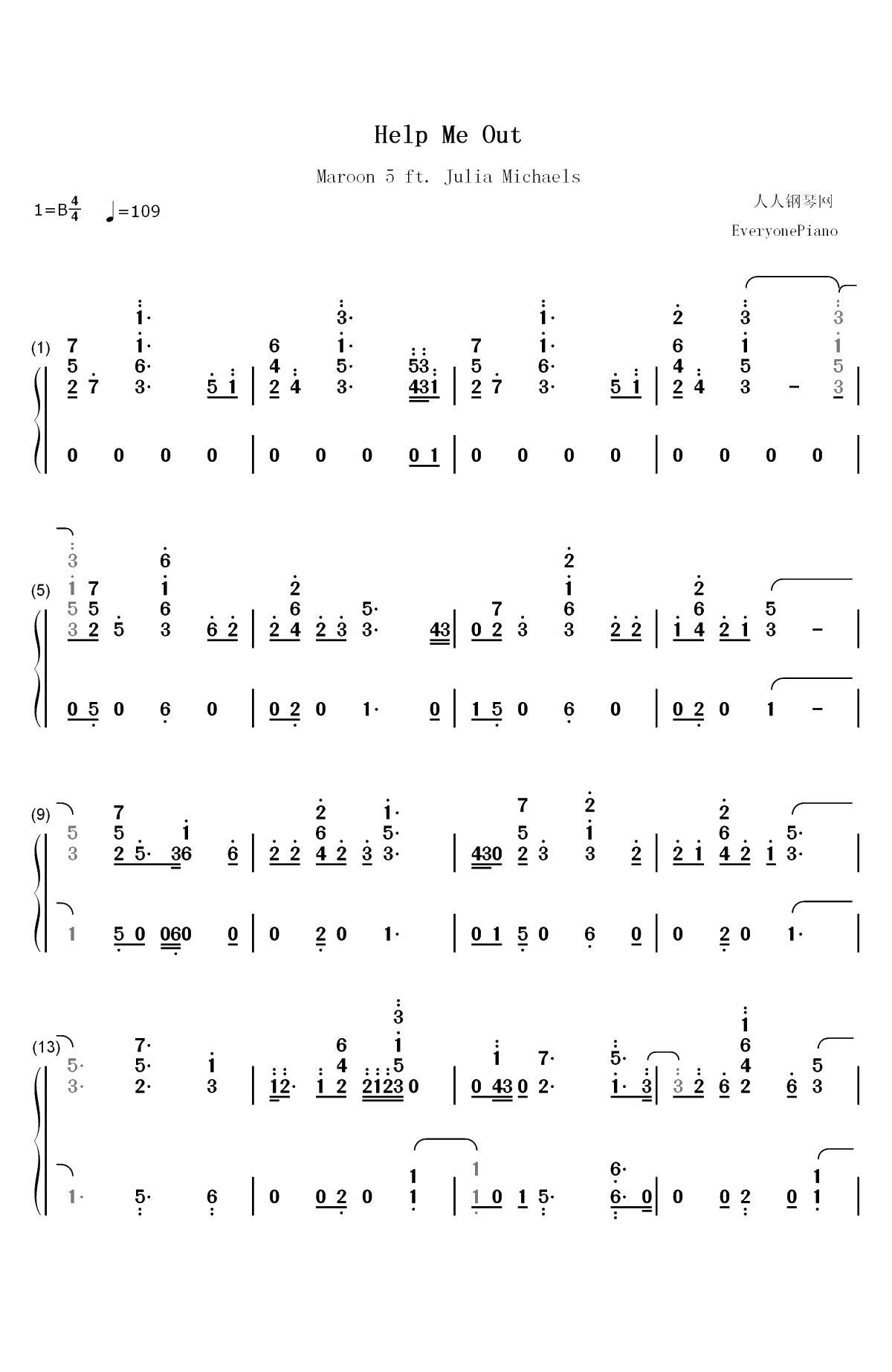Help Me Out-Maroon 5 ft Julia Michaels双手简谱预览1