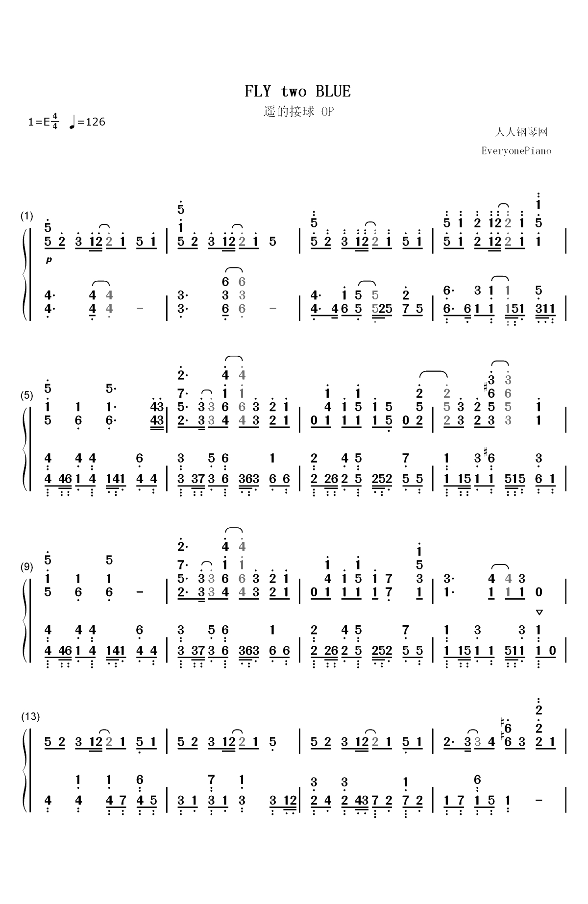 FLY two BLUE-遥的接球OP双手简谱预览1