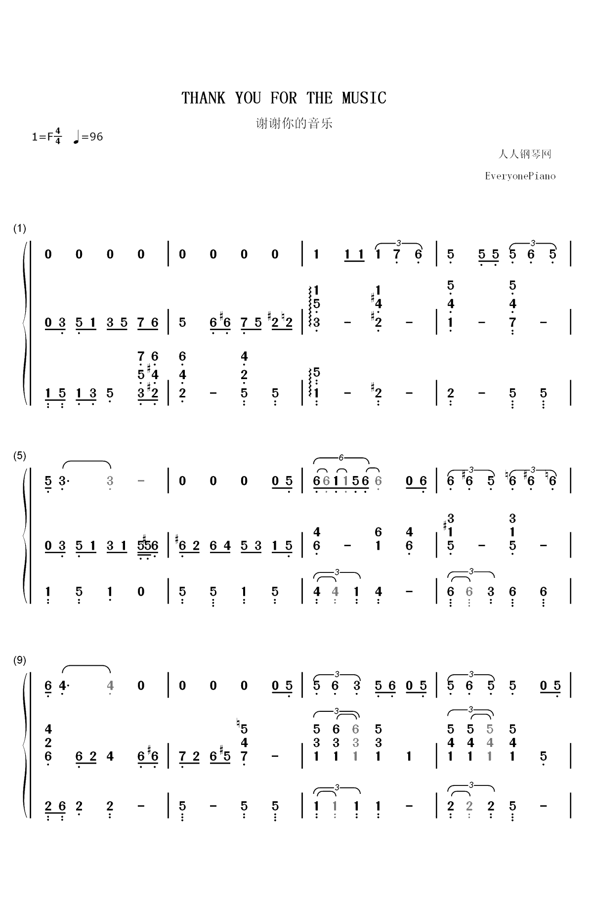 Thank You For The Music-ABBA双手简谱预览1