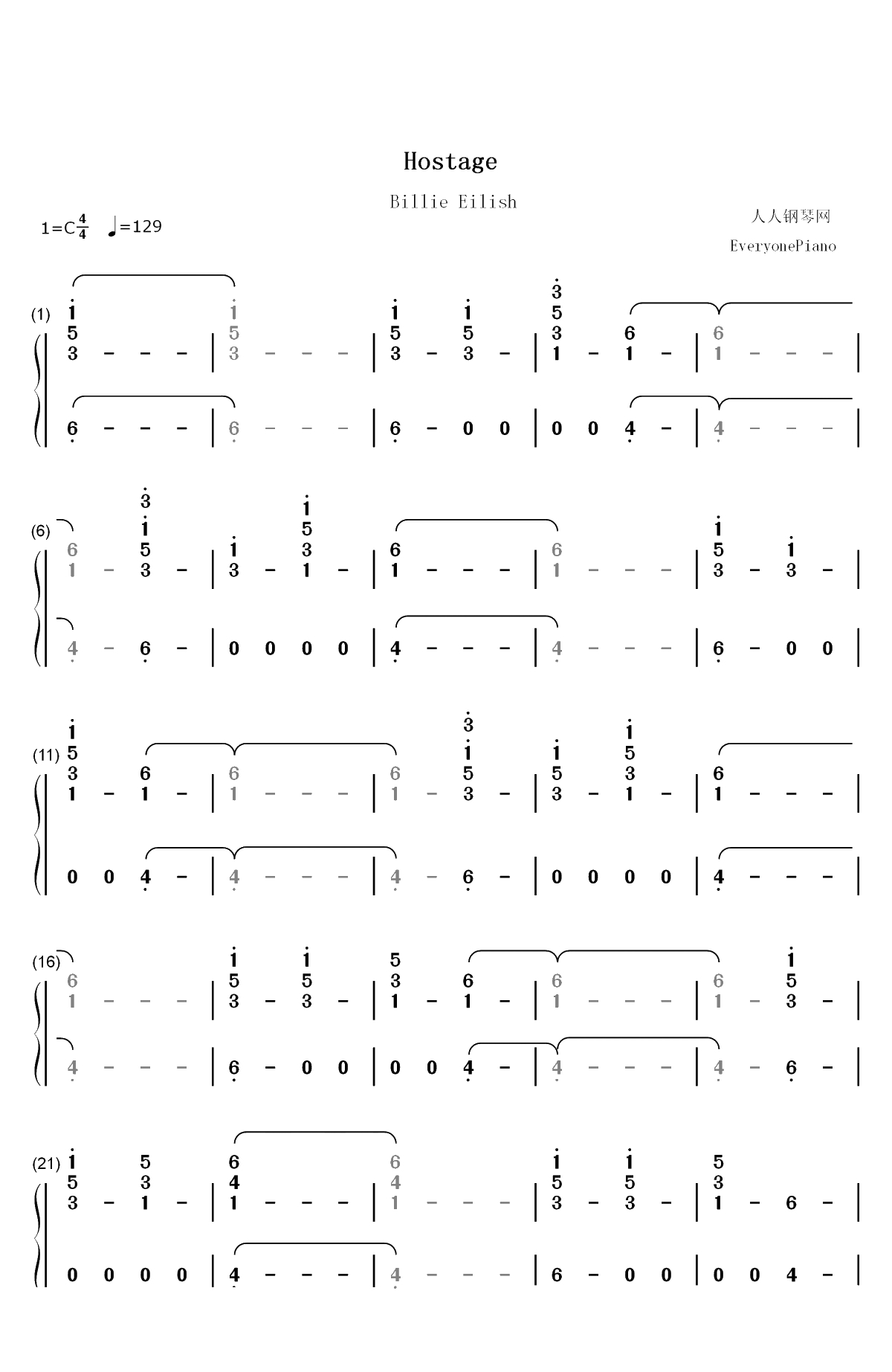 Hostage-Billie Eilish双手简谱预览1