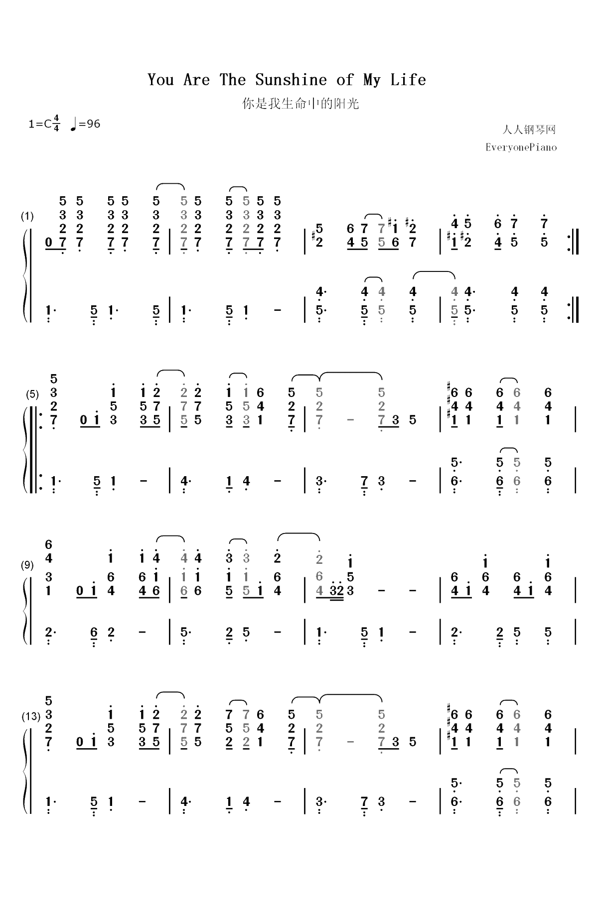 You Are The Sunshine Of My Life-Stevie Wonder双手简谱预览1