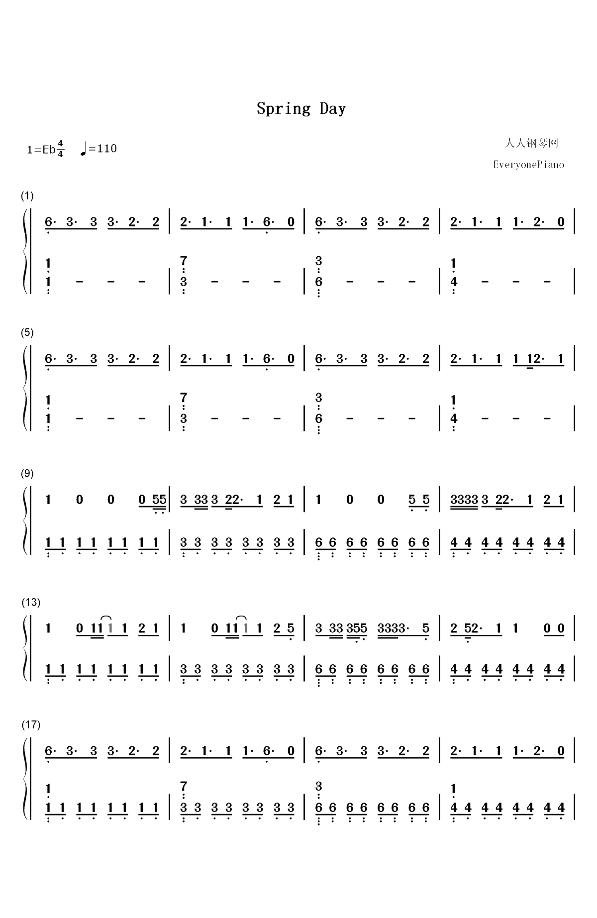 Spring Day-防弹少年团双手简谱预览1