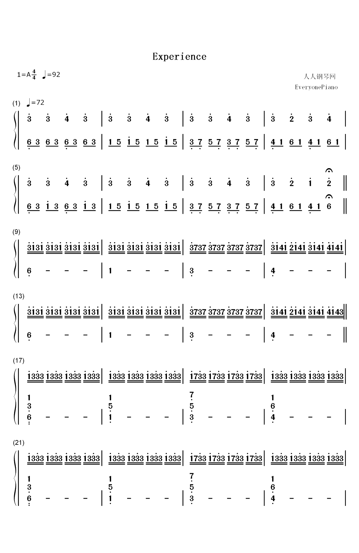 Experience-Ludovico Einaudi双手简谱预览1