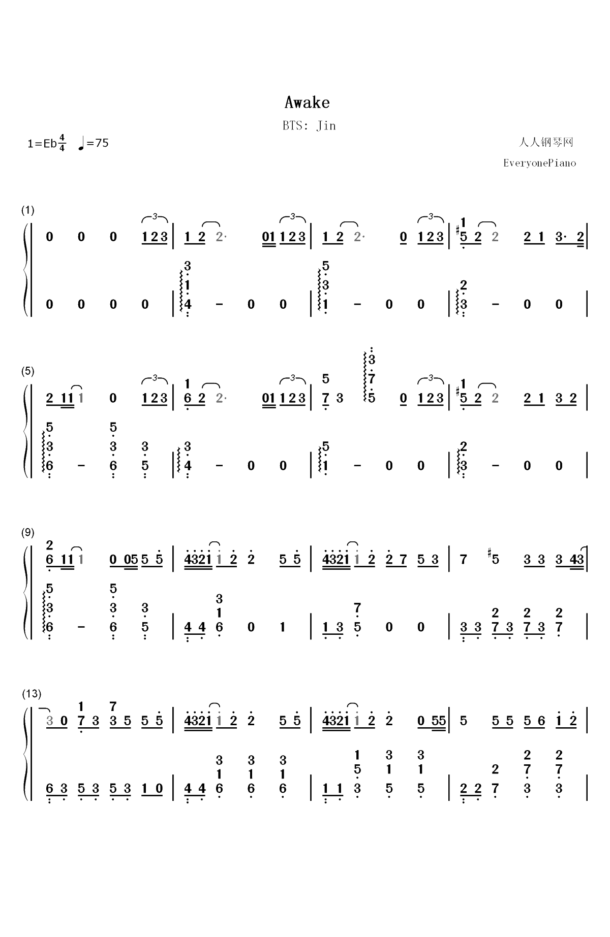 Awake-金硕珍-防弹少年团双手简谱预览1