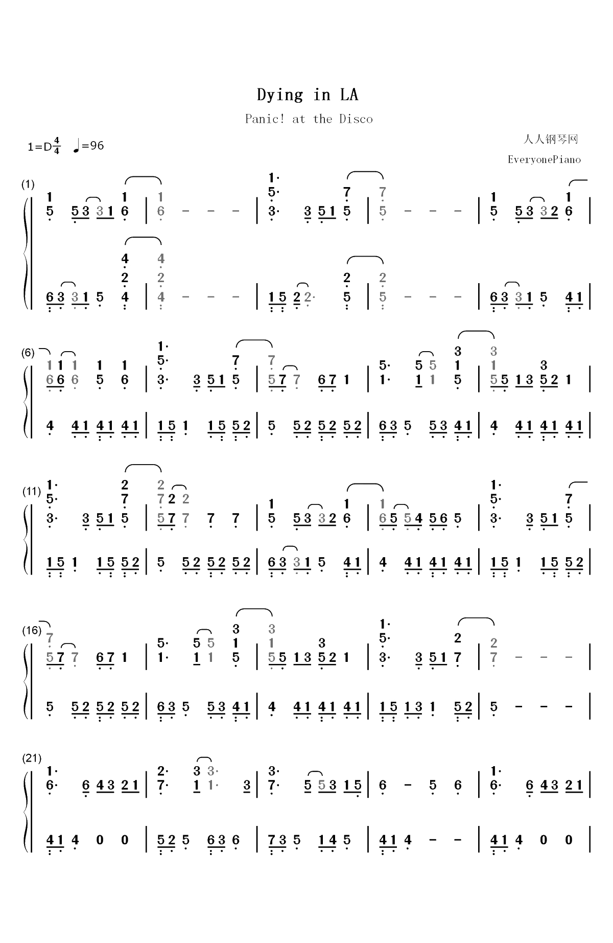 Dying in LA-Panic at the Disco双手简谱预览1