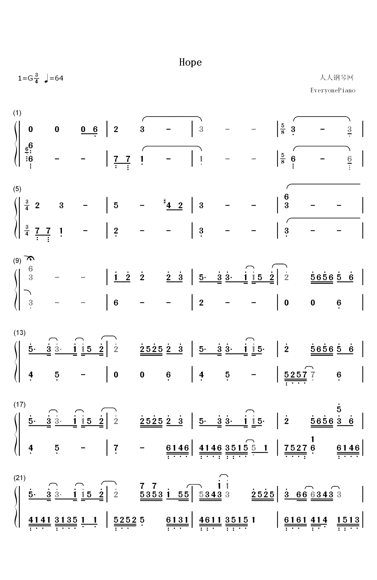 Hope-智代后记美丽的生活OST双手简谱预览1