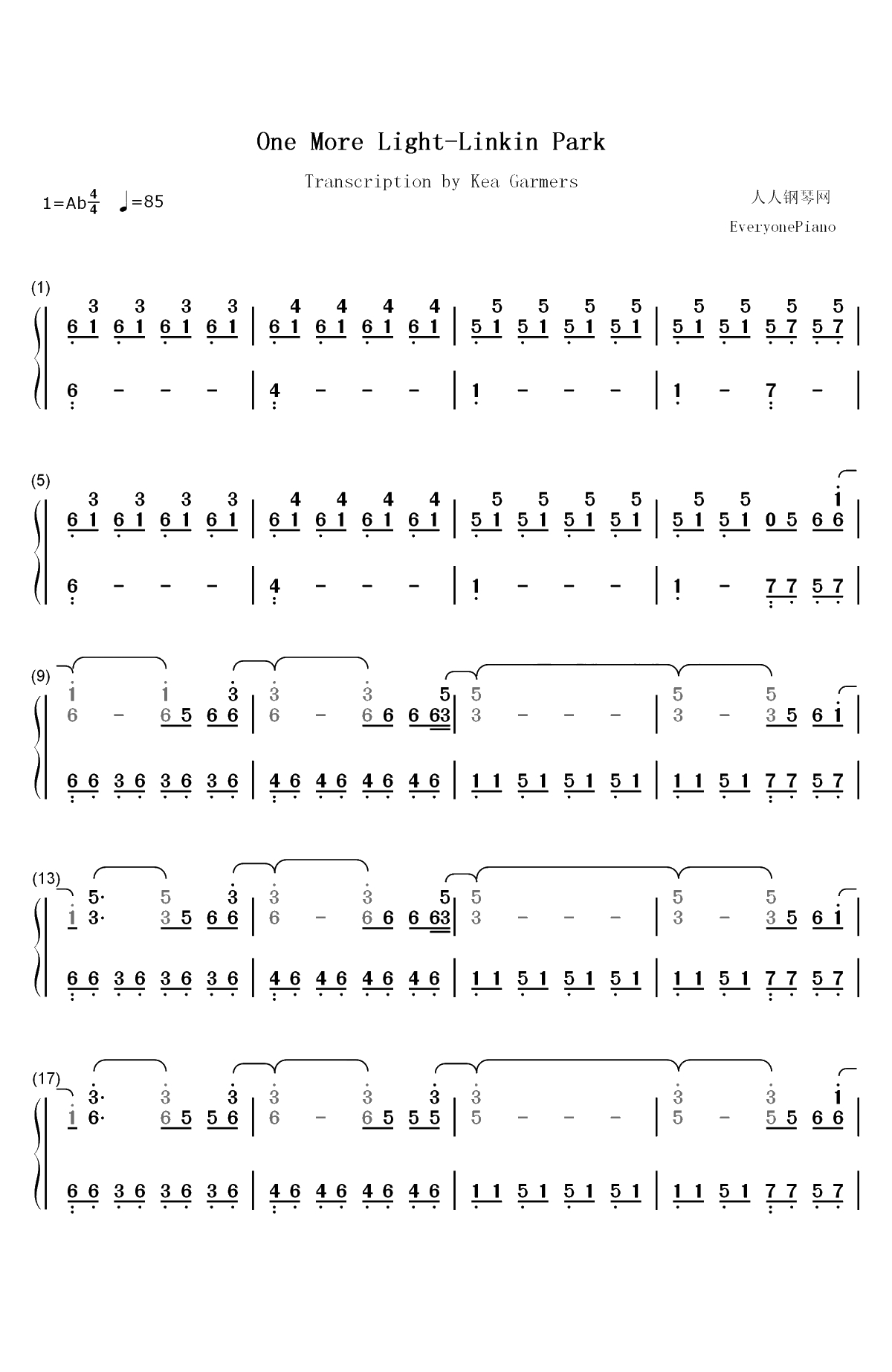 One More Light-Linkin Park双手简谱预览1