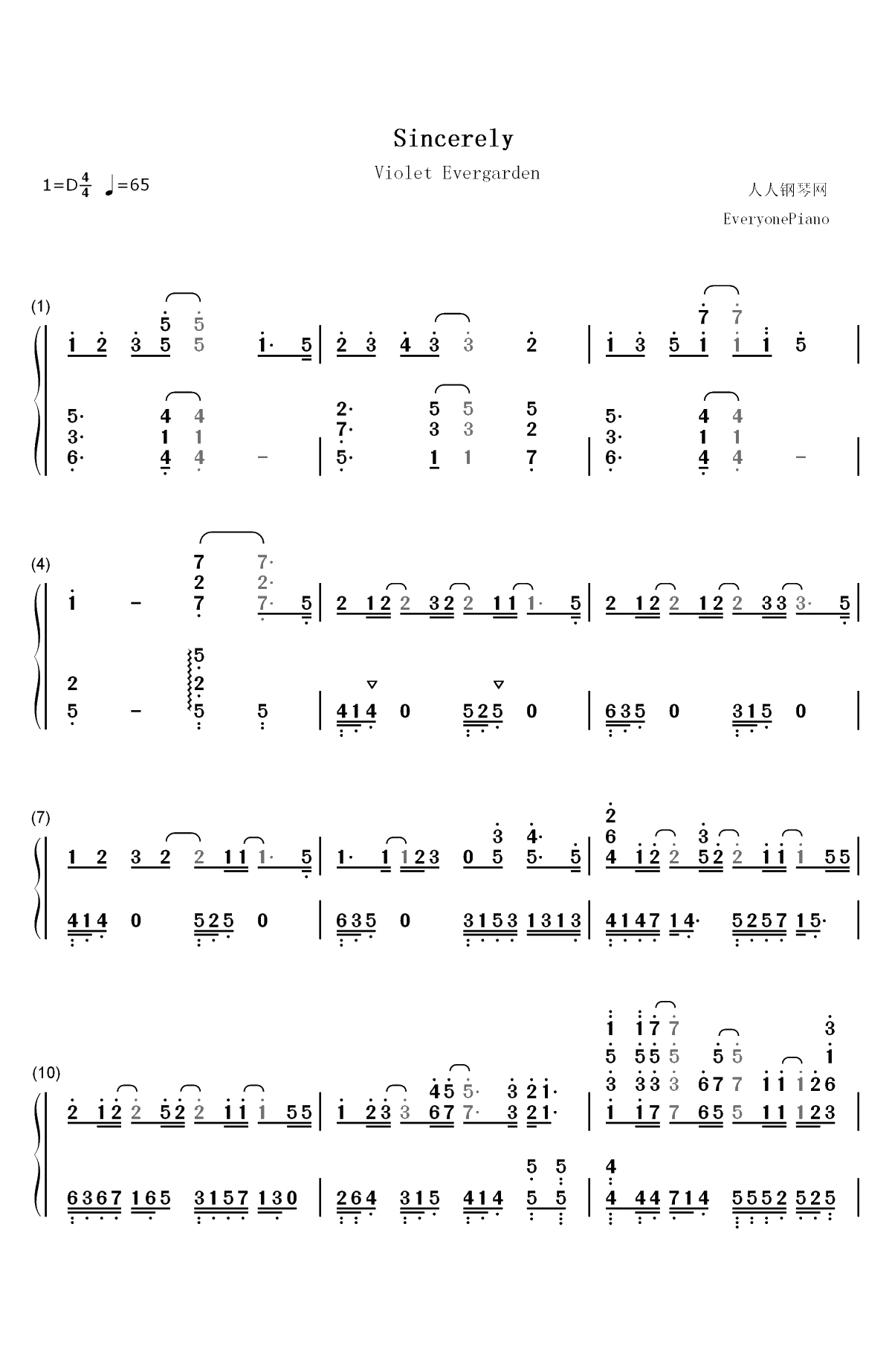 Sincerely-紫罗兰永恒花园OP双手简谱预览1