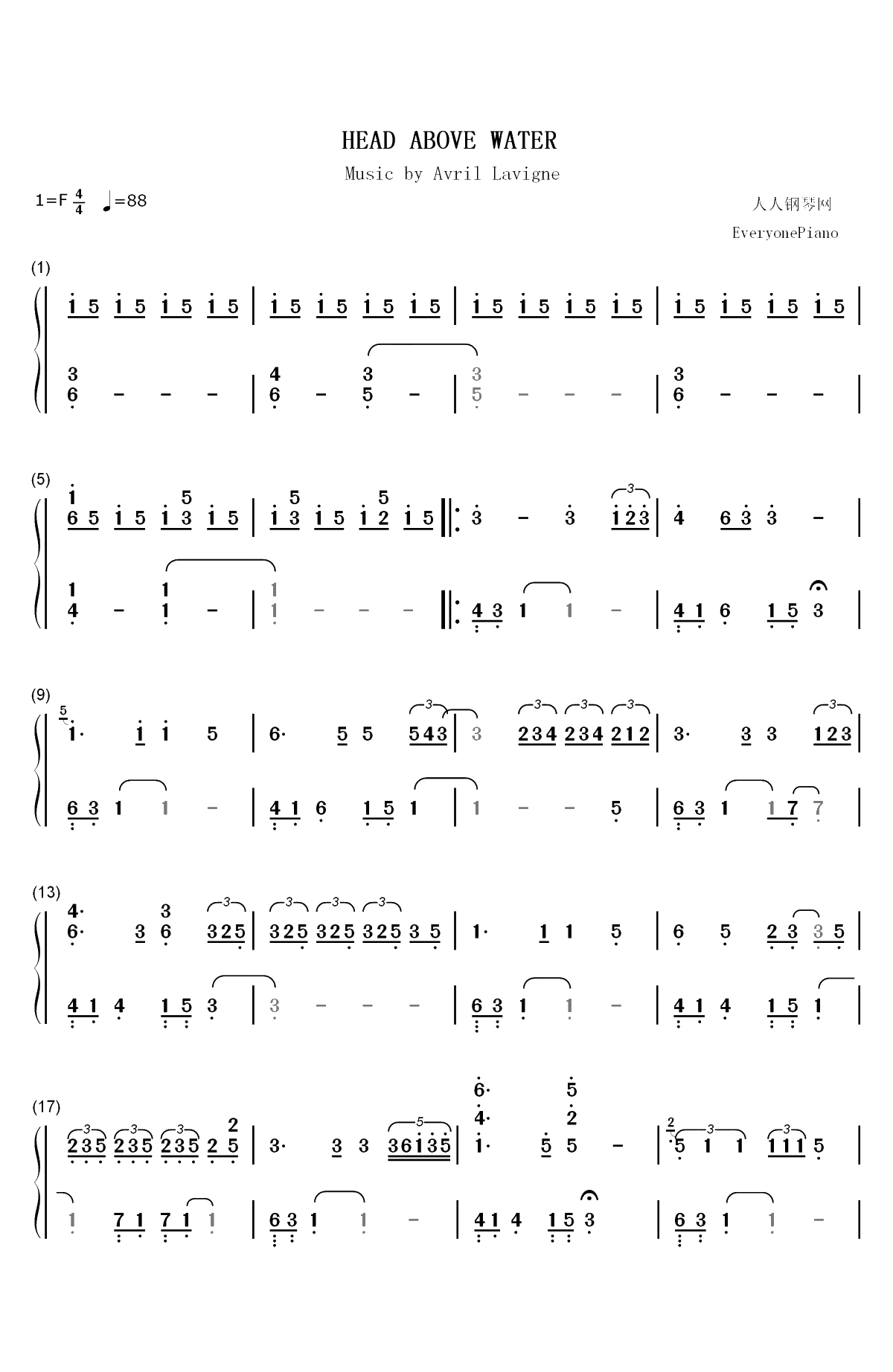 Head Above Water-Avril Lavigne双手简谱预览1